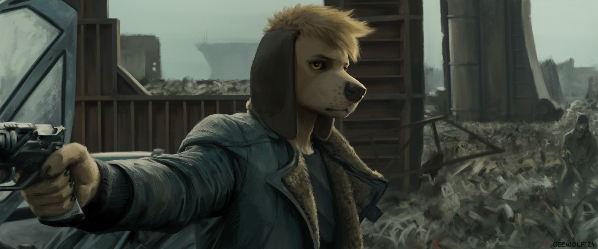 Beautifully realistic painting of my doglike character Thom referenced from a still from Blade Runner 2049