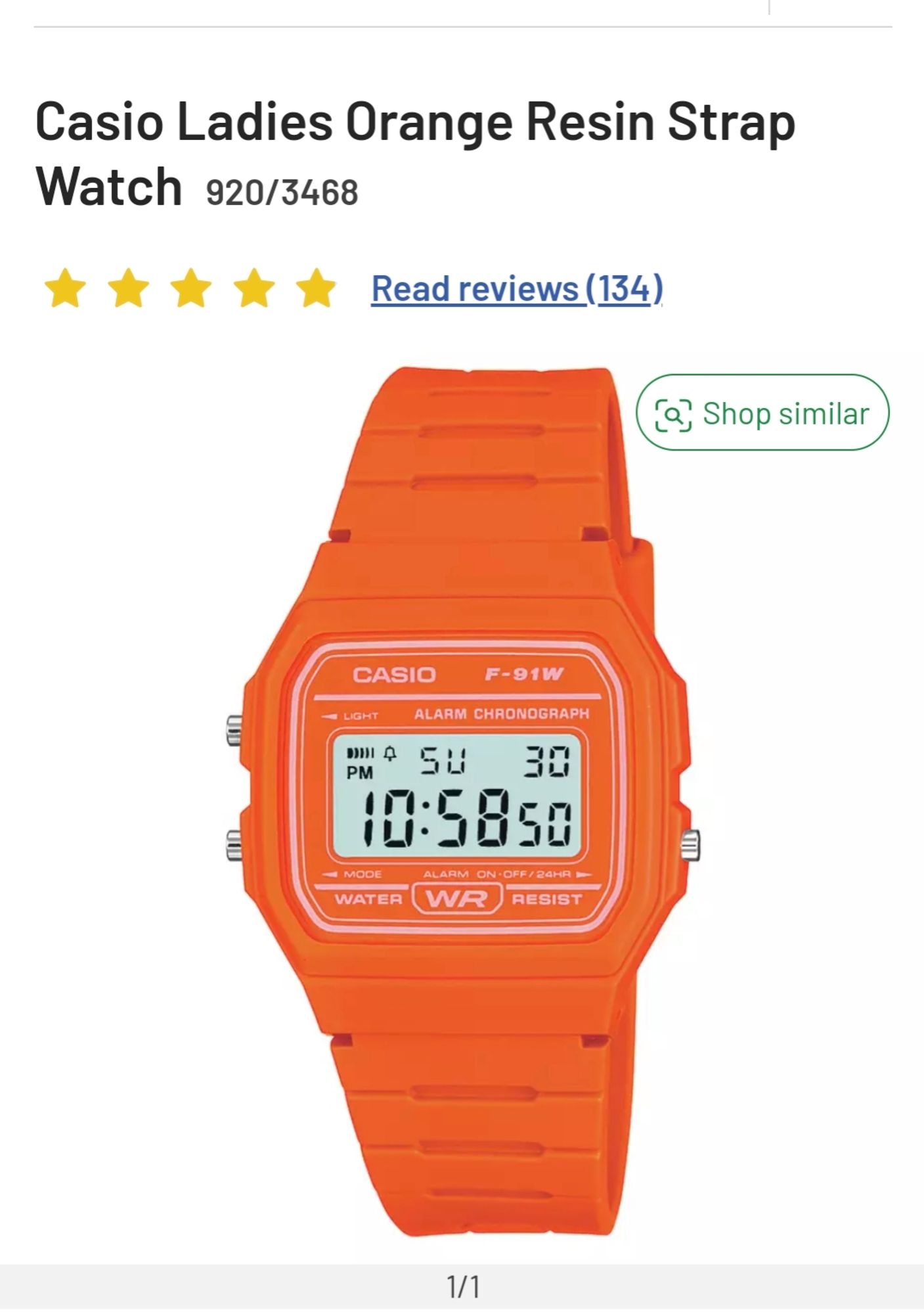 Argos catalogue photo of orange Casio F-91W digital wristwatch, titled "Casio Ladies Orange Resin Strap Watch"