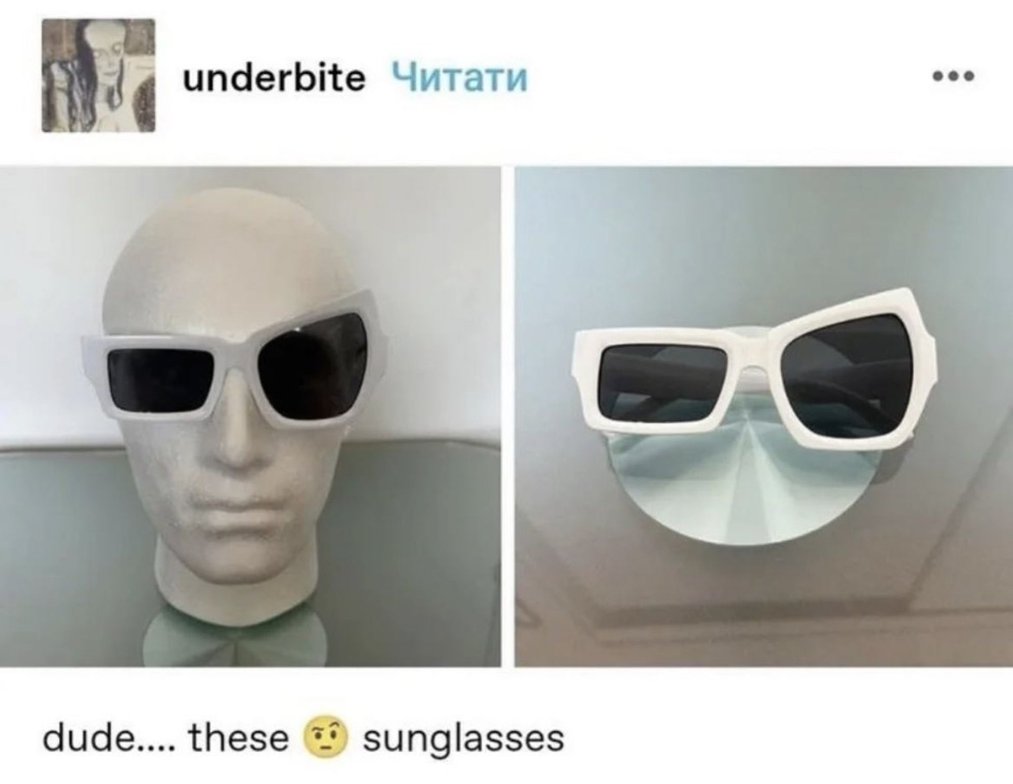 screen capture of a tumblr post by user "underbite" showing some sunglasses formed into the shape of a kind of quirked eyebrow expression. Caption is "dude.... these [emoji for quirked eyebrow] sunglasses"