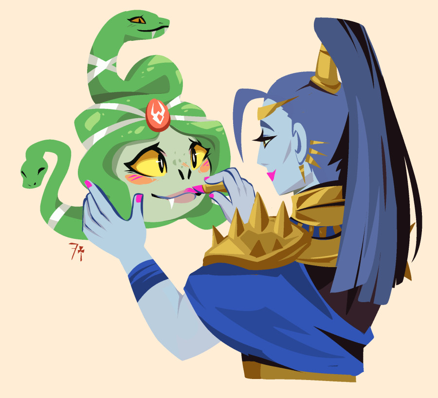 Megaera smiling as she applies her own bright pink lipstick to Dusa, who is blushing shyly in return.