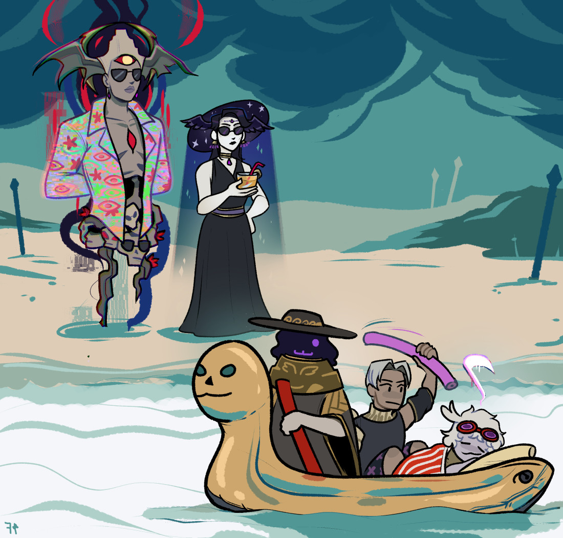 Chaos and Nyx watch on from some Elysium beach in funny beach clothes and sunglasses while the tiny trio of Charon, Thanatos and Hypnos drift by on an inflatable chthonic boat. Charon is just chilling at the front. Than is holding up a pool noodle about to whack a sleeping Hypnos, with the insta-death scythe icon over Hypnos' head.