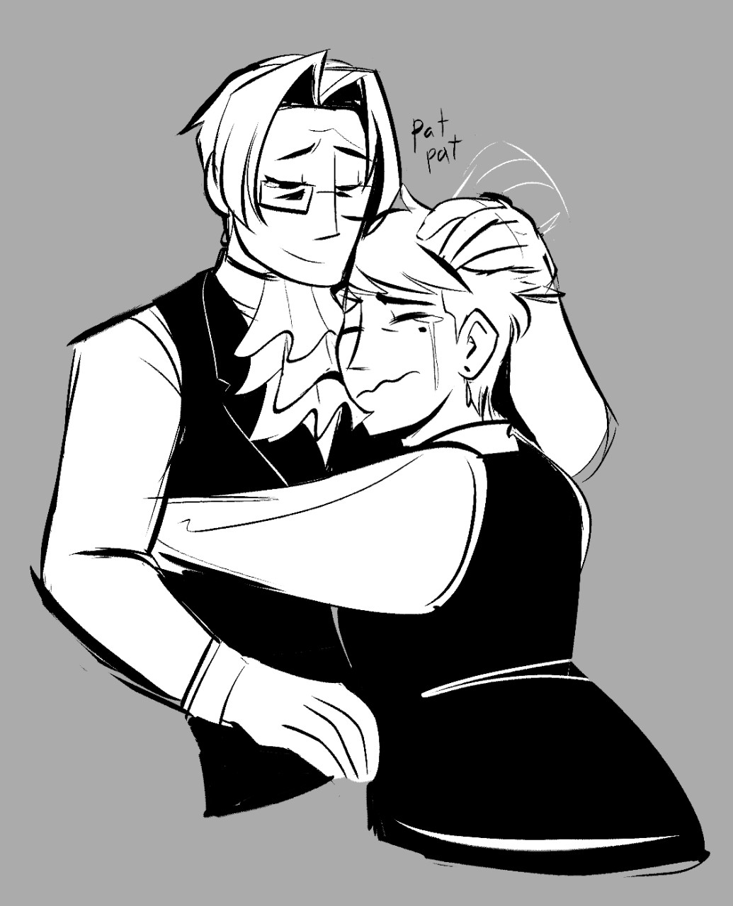 monochrome sketch of Miles and Franziska, both older. Miles has glasses while Franziska has hair cropped short. She's hugging him with her cheek pressed to his chest, lip wobbling as tears stream down her face. Miles has his brow knitted sadly but has a comforting smile for her, and pats her crown with one hand.