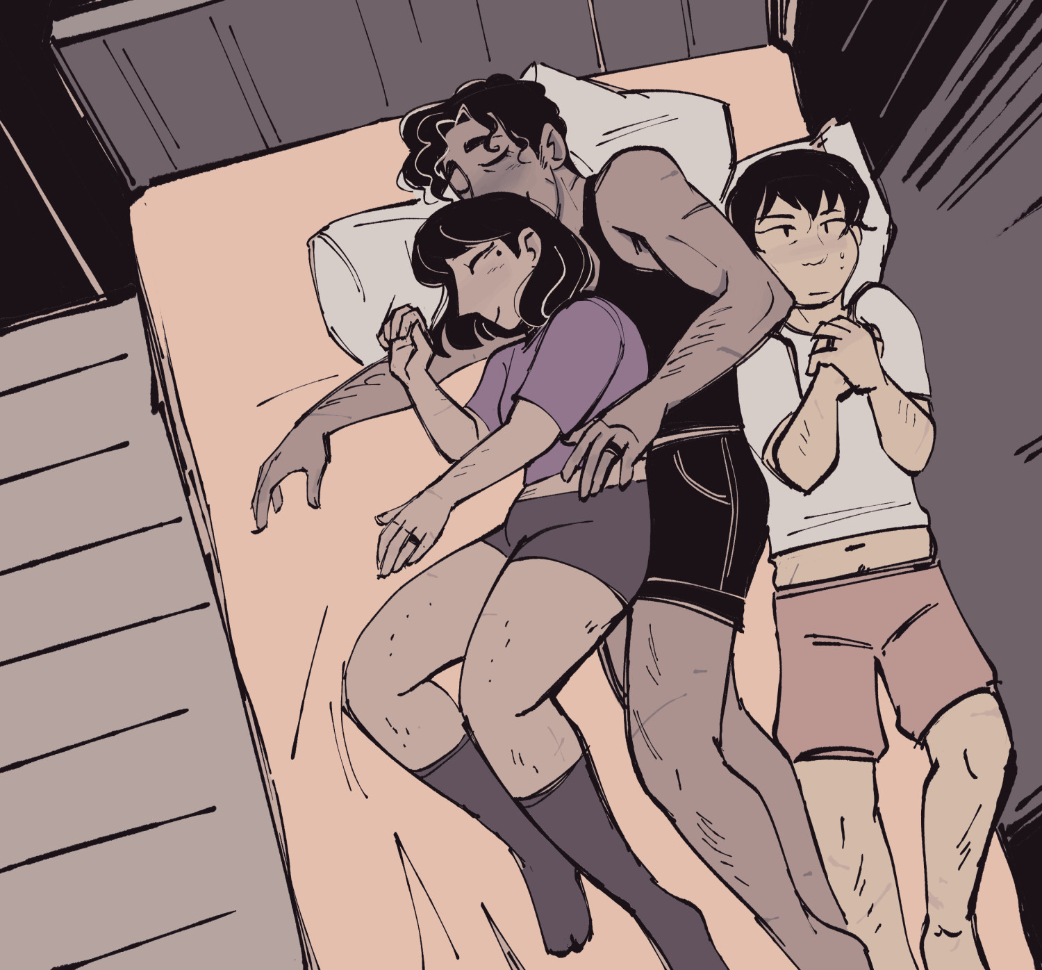 Yoohankim cuddling in bed, seen from an overhead point of view. Joonghyuk is in the middle of the three, acting as big spoon to Sooyoung. The two are sleeping peacefully. Meanwhile, Dokja is awake with an unamused expression as the two spoons squish him against the very edge of the bed and the wall.