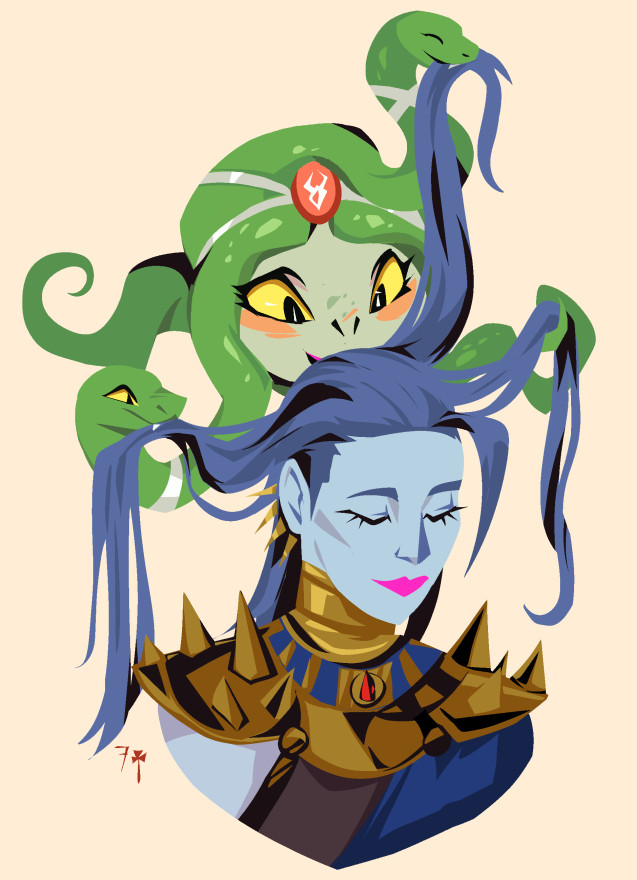 Meg looking serene with her eyes closed and a soft smile while Dusa fixes up her hair with her snakes.