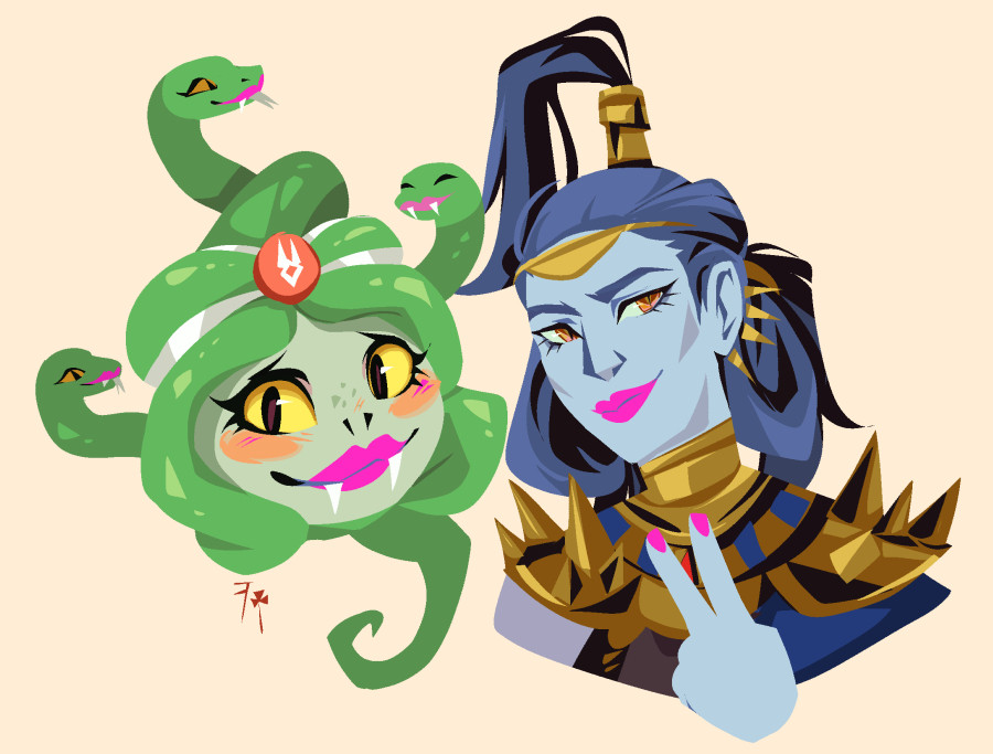 Dusa and Meg posing together in their new styles, with Meg making a peace sign. Dusa (and all her snakes) are sporting bright pink lipstick, Meg has her hair styled up to match Dusa's snakey hairstyle.