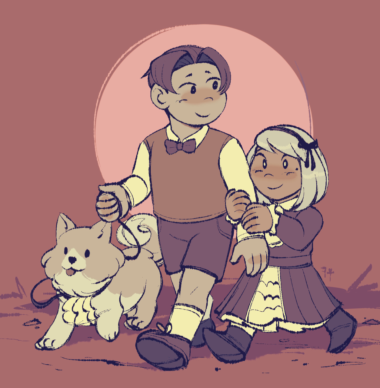 a warm and simple drawing of a very baby miles edgeworth walking missile (pomeranian) while an Extremely Baby franziska clings to his other arm.