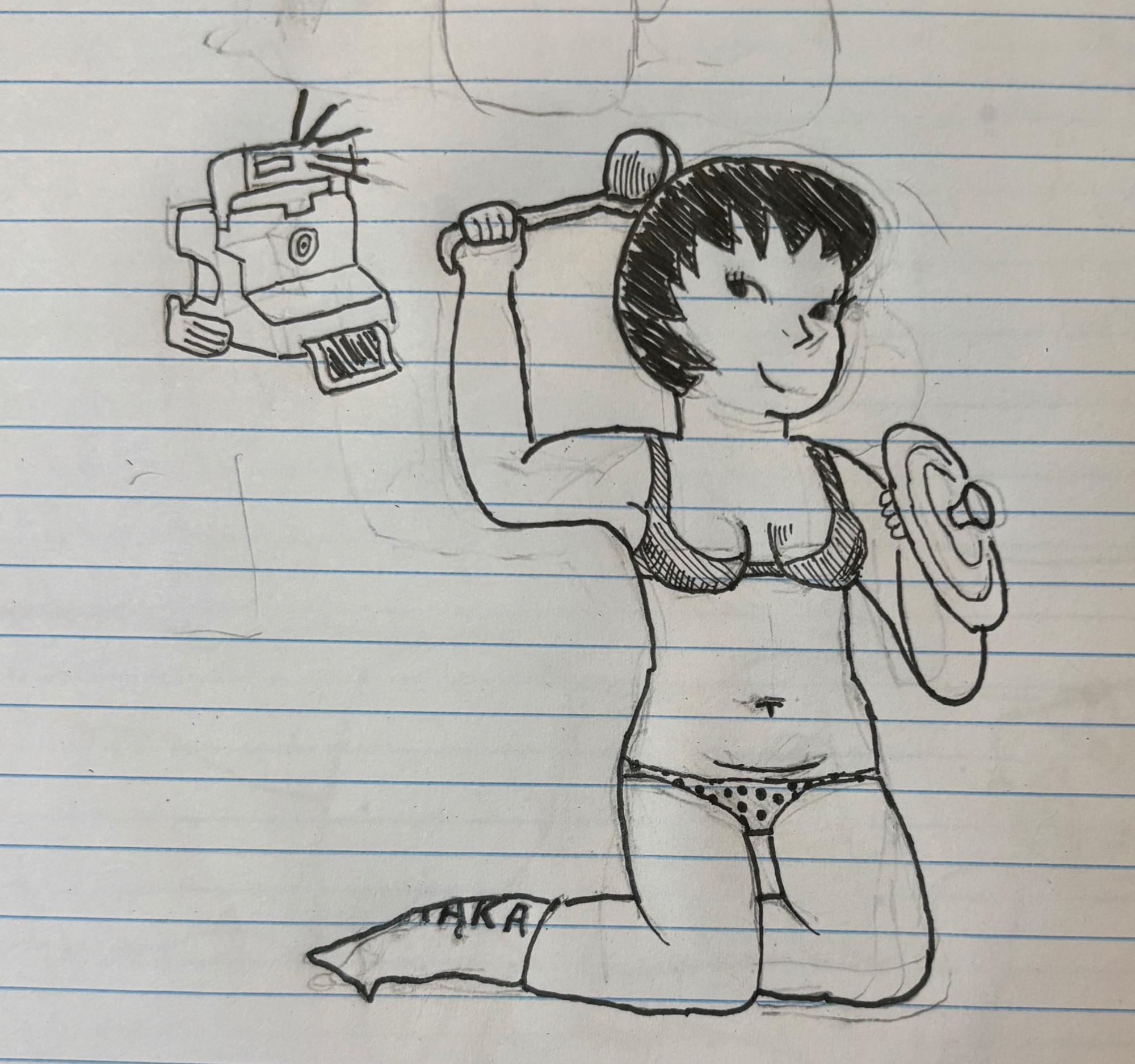 Jucika posing as the Mermaid of Warsaw using kitchenware. Her ‘tail’ is a sack that reads MĄKA (FLOUR).