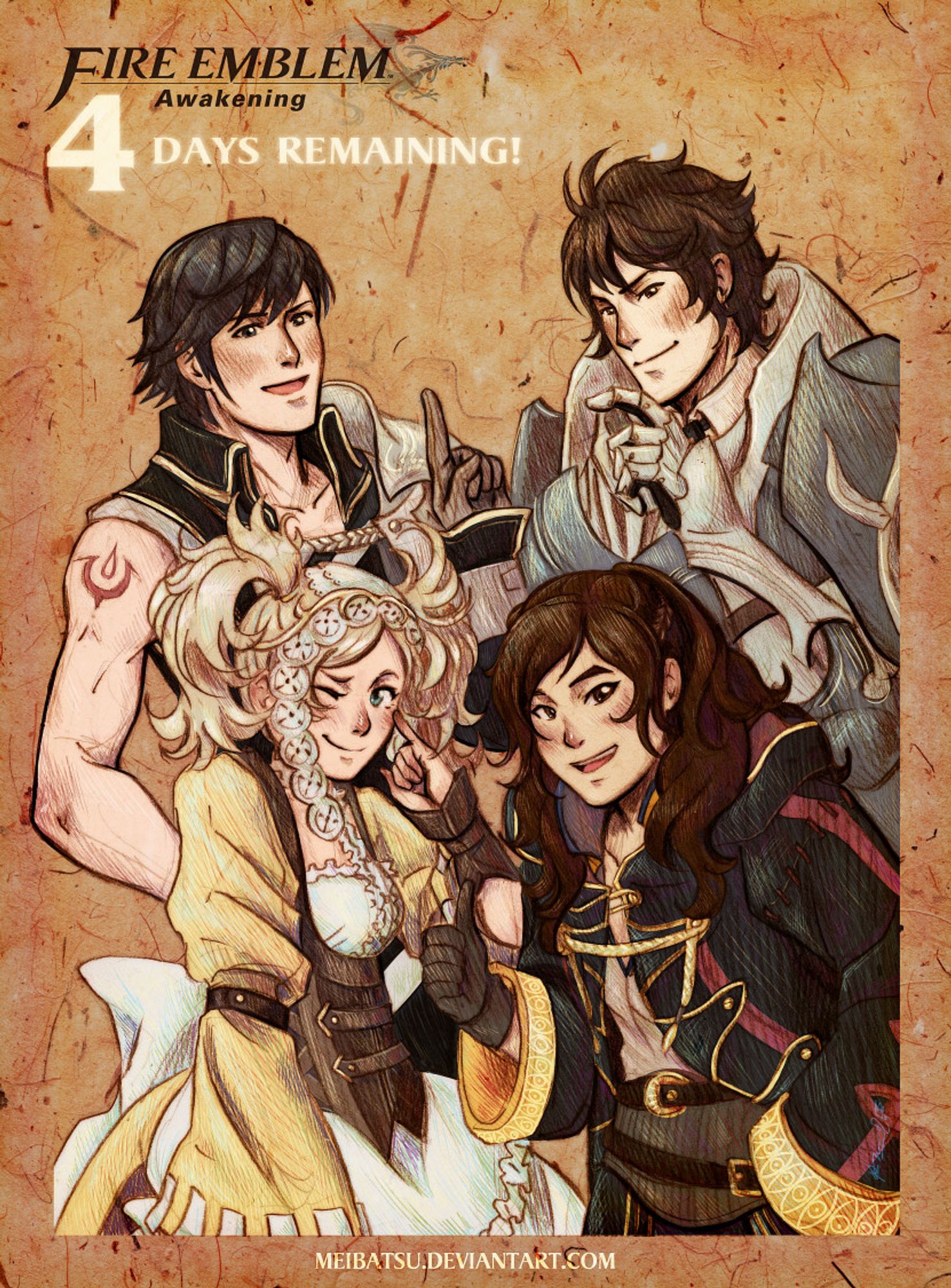 Chrom, Frederick, Lissa, and Rob-atsu (me, meibatsu as Robin), all holding up one digit to add up to the 4 days before Fire Emblem Awakening's release!