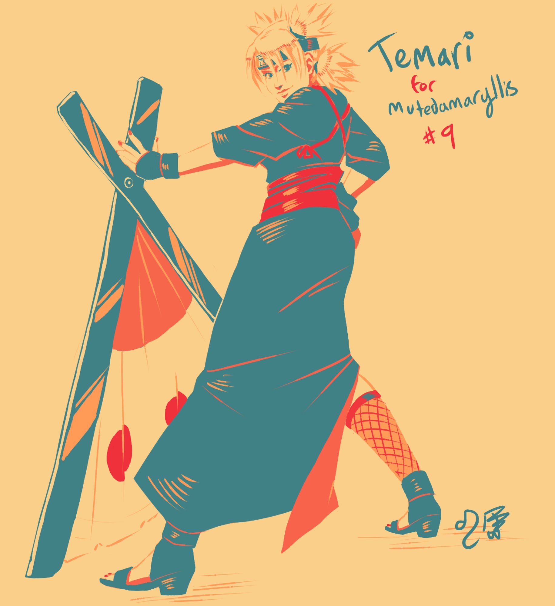 Temari in a palette of oranges and grey turquoise. She is standing confidently with 3/4 back, right hand on hip, and left hand on her downward fan weapon.