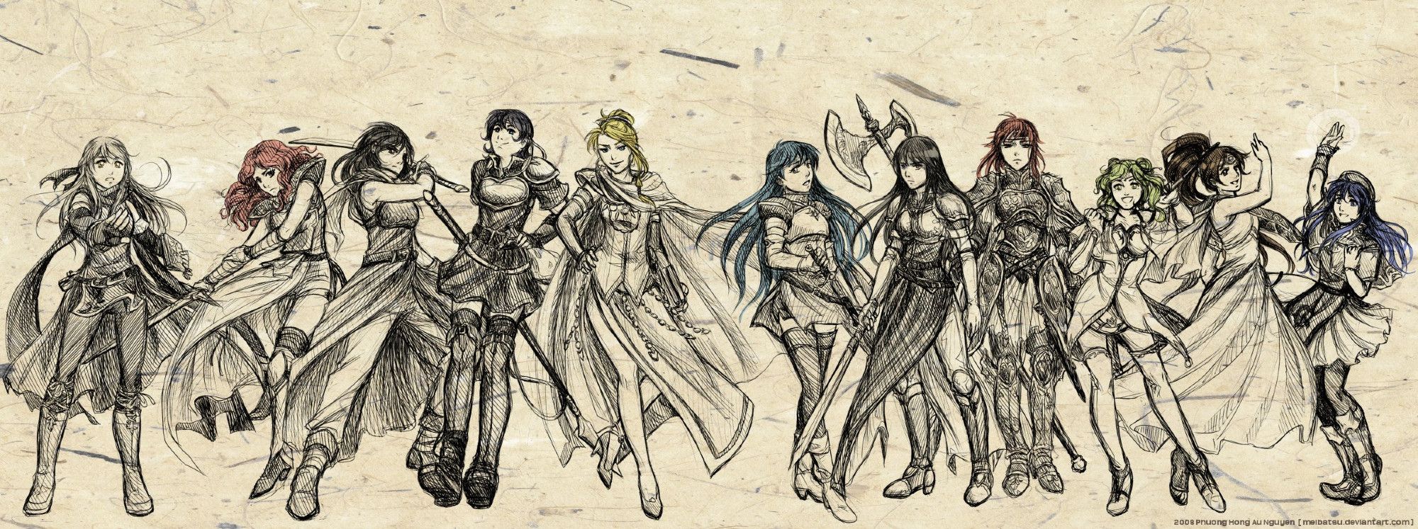 Ballpoint pen drawings of: Micaiah (FE10), Celica (FE2), Mareeta  (FE5), Farina  (FE7), Calill (FE9), Caeda (Or.. Shiida / Sheeda) (FE3)., Ira (aka Ayra) F(FE4), Minerva (FE11), L'Arachel (FE8), Linda (Linde?) (FE1), Lilina (FE6)