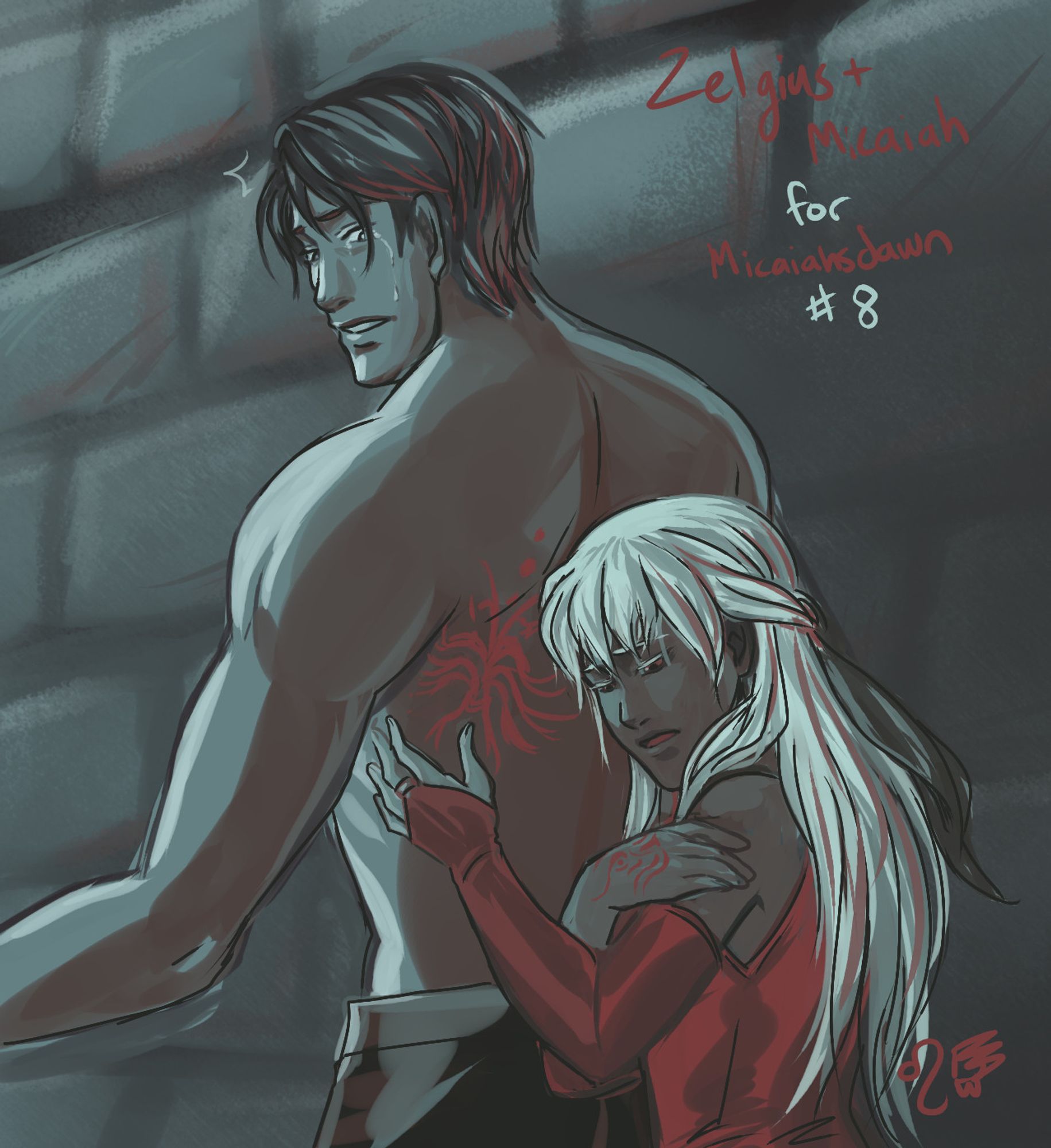 FE10 Zelgius and Micaiah in a palette of steely blue greys and red. Surprised and tearful Zelgius is topless, showing his brand on his back.  Micaiah stands behind him caressing just below his brand while reminiscing about her own brand on the back of her right hand.