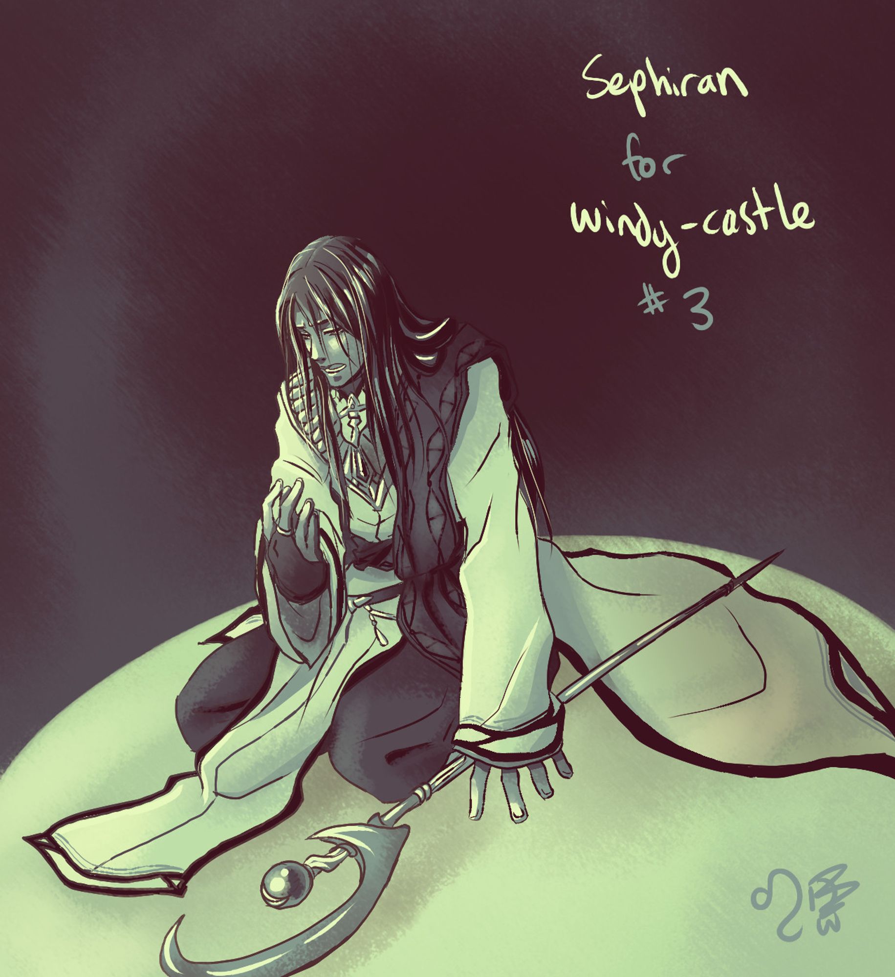 FE10 Sephiran in celery greens and dark greys palette kneels on the ground in despair while looking at his right hand. His left hand rests upon the pole of his crescent staff.