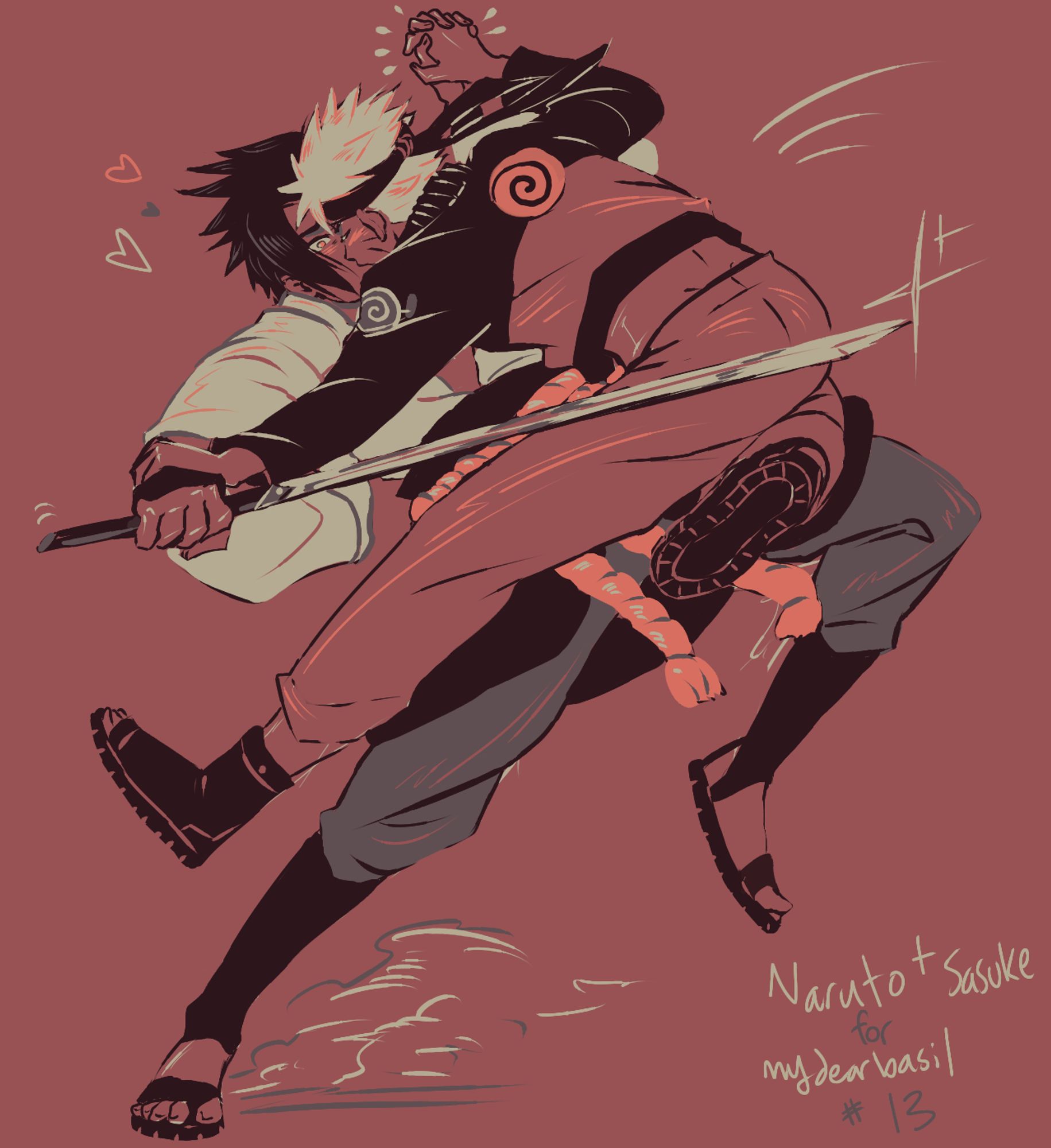 Shippuden Naruto kissing Sasuke in palette of reds, black, and sand. Sasuke is in shock as Naruto jumps and deftly grabs his sword arm with one hand and interlocks fingers with Sasuke with his other hand to land a kiss.