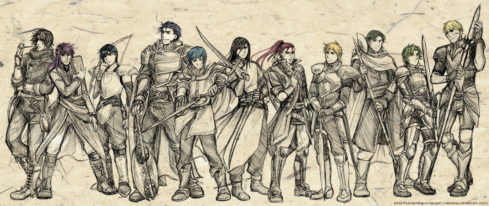 Ballpoint pen drawings of Volke (FE9), Hugh (FE6), Kashim (FE3), Hector (FE7),  Marth (FE1), Nabarl (Navarre) (FE11), Shinon (FE10), Noish (FE4), Brighton (FE5), Alm (FE2), Cormag (FE8)