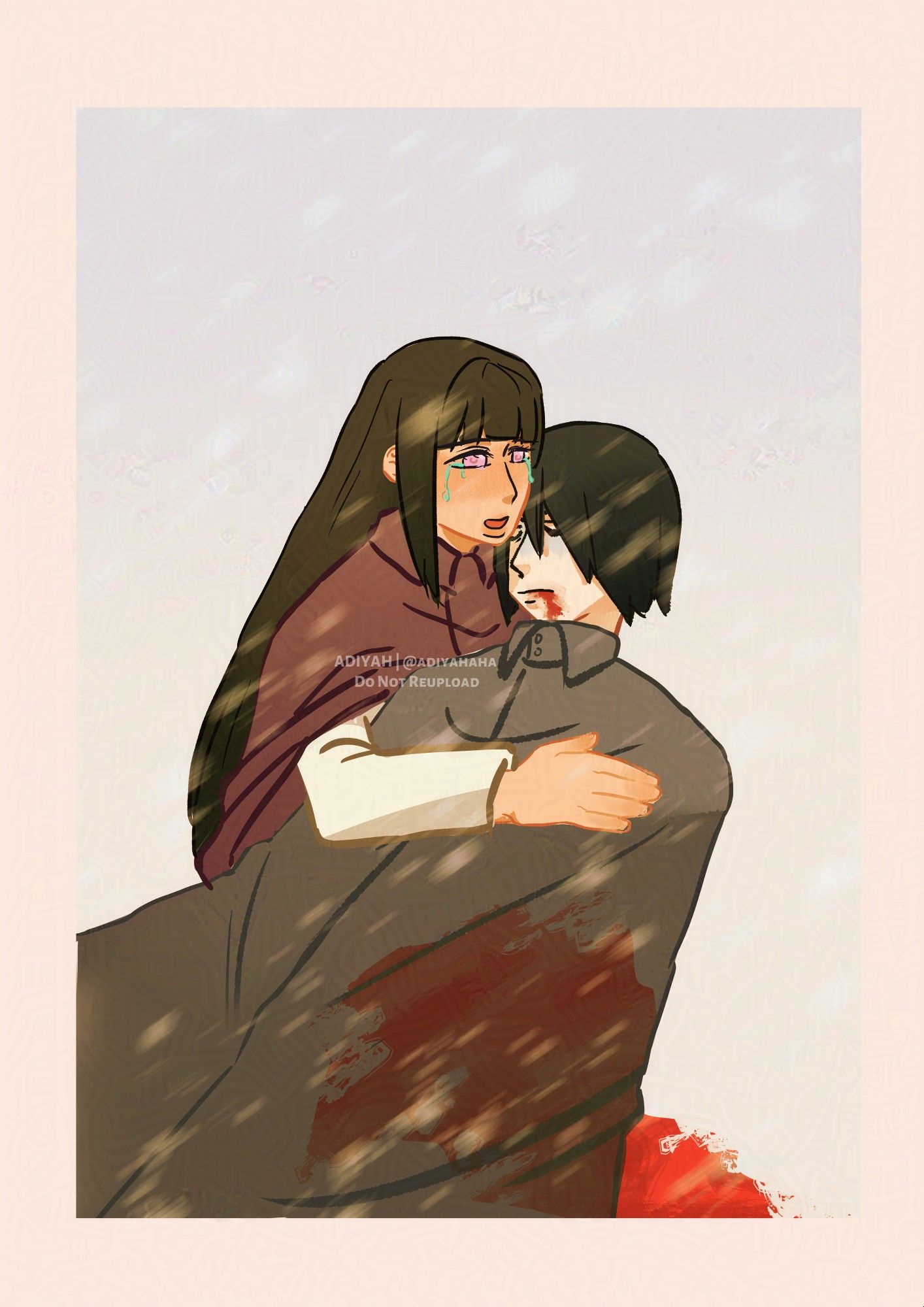 hinata crying while holding sasuke that have blood on his mouth and cape. they're under snowstrom