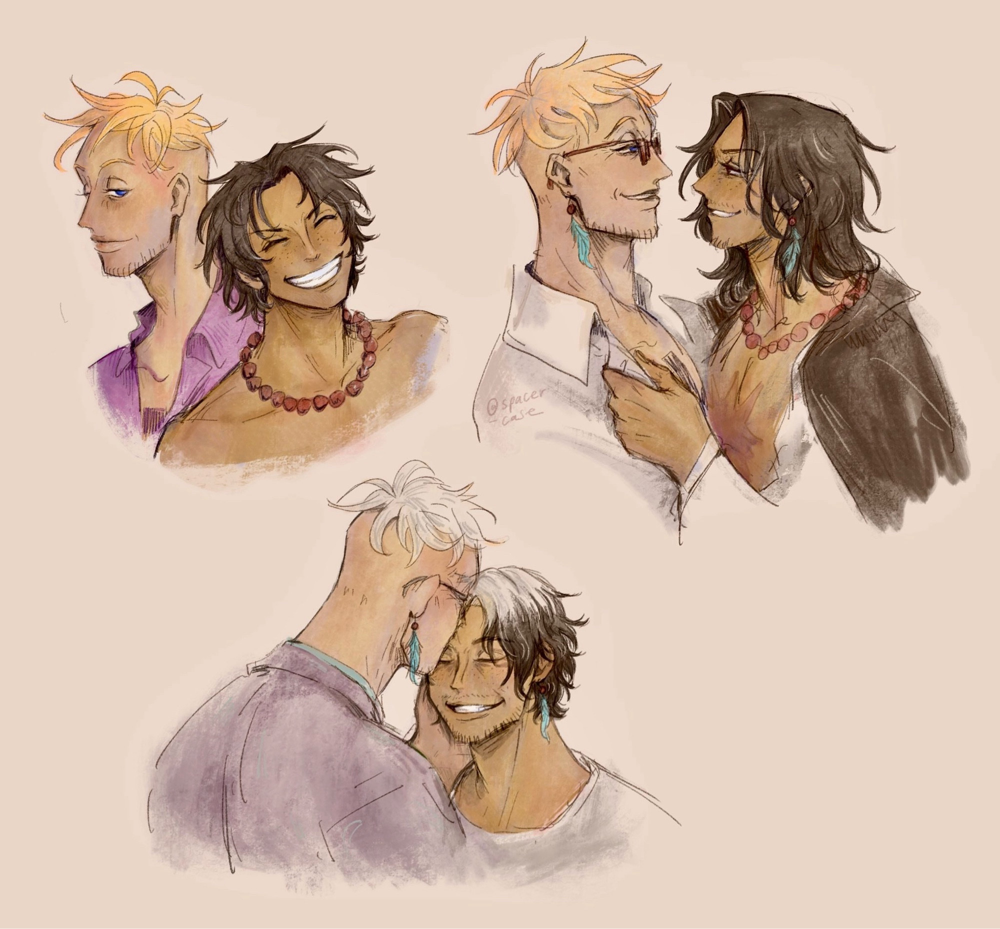 3 sets of drawings of marco and ace from one piece being romantic together, each time aged up from ace's 20s, to 40s, to 60s