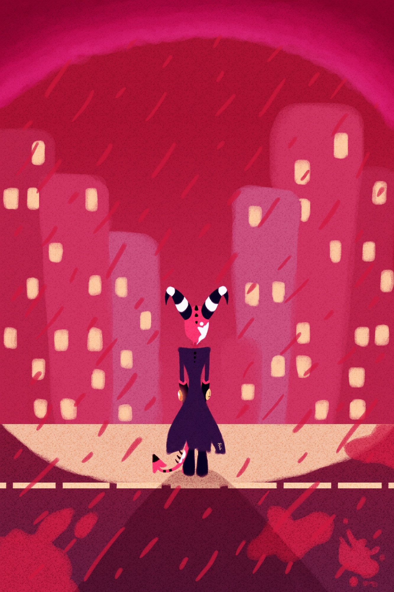 A digital art piece that shows a back view of Blitz from Helluva Boss looking out into a cityscape. He is standing in the middle of the road surrounded by bloodstains as blood comes down like rain from the sky. The entire piece is heavily doused in shades of red and pink, with some yellow-ish lighting and Blitz’s usual dark clothes. 