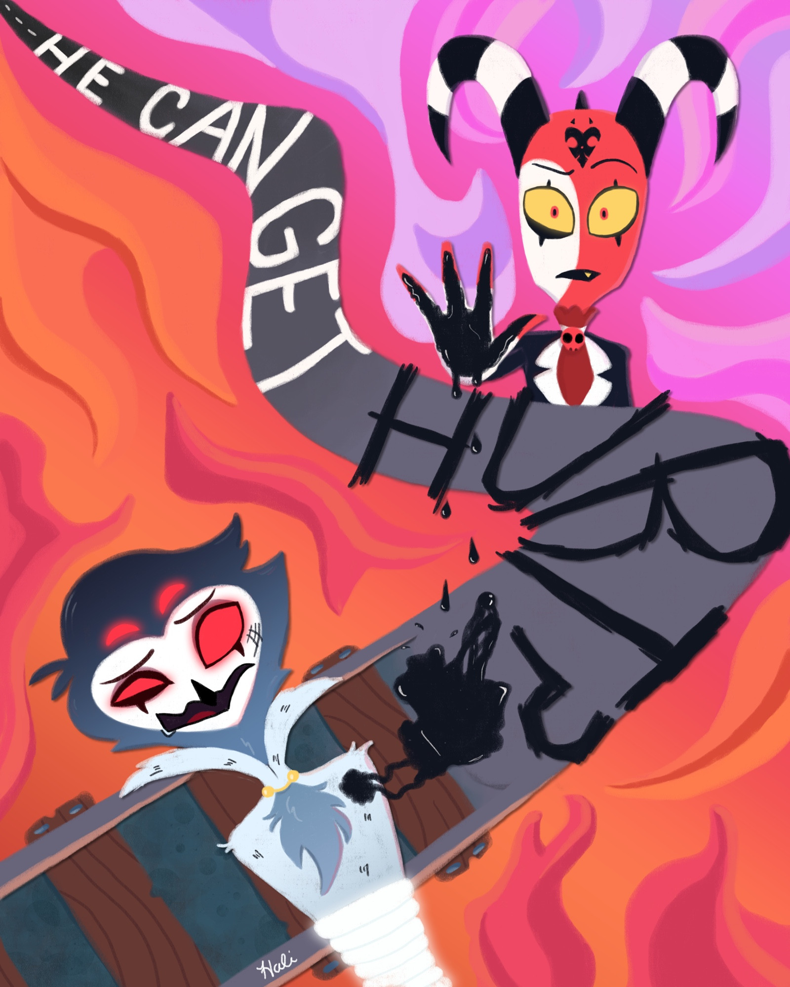 Digital art of Helluva Boss characters based on the episode Western Energy - Blitz is in the top right corner, reaching out with a disbelieving expression and black blood dripping from his hand, with Stolas lying on train tracks looking frightened and in pain at the bottom left corner. The blood from Blitz’s hand is connected to Stolas’ bleeding wound and is part of the question mark at the end of some text that reads, “HE CAN GET HURT?” The text follows the path of a winding road, connecting the highway of Sloth with the train tracks of Wrath. The background also features cloud and fire imagery in both rings’ respective color schemes (pink/purple for Sloth, red/orange for Wrath). 