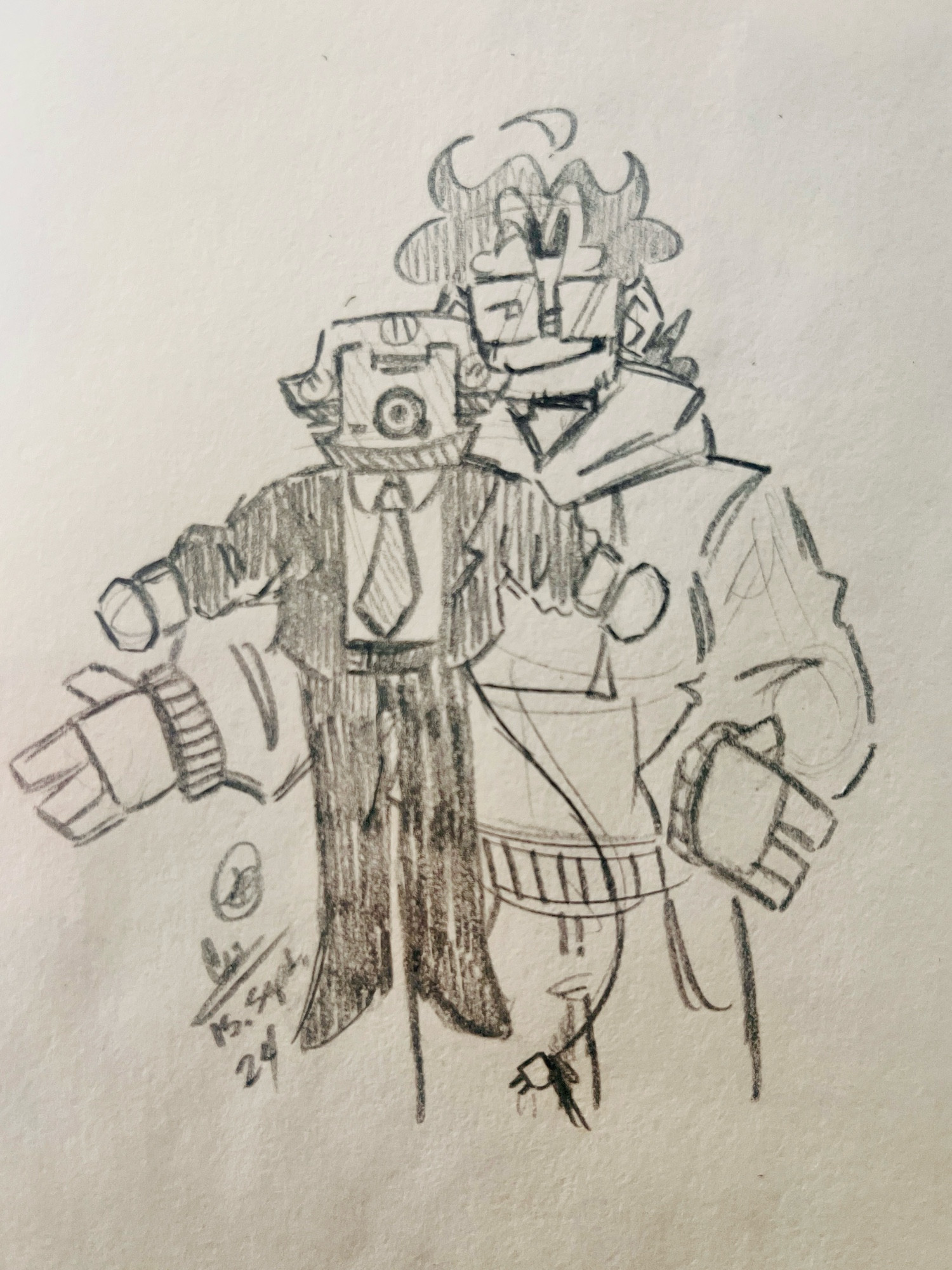 traditional drawing of my persona holding their arms out with steven stevenson from dayshift at freddy’s floating in front of them.