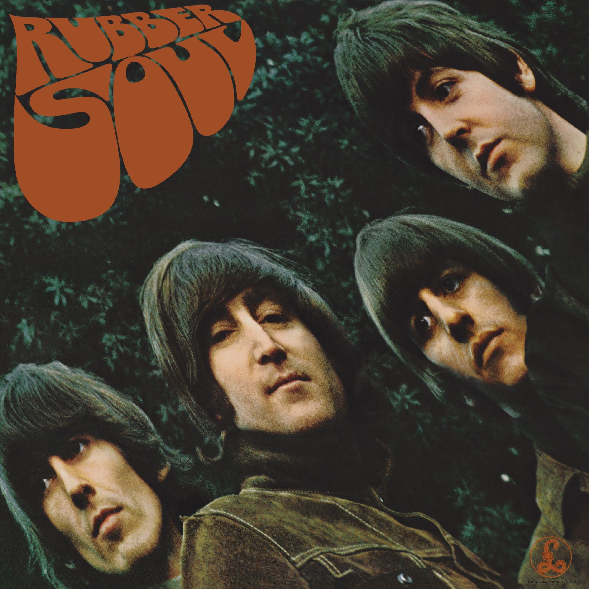 Album cover art for the Beatles' "Rubber Soul" (1965). It shows George Harrison, John Lennon, Ringo Star and Paul McCartney at a distorted angle, with sagging letters spelling out the album title in the upper left.