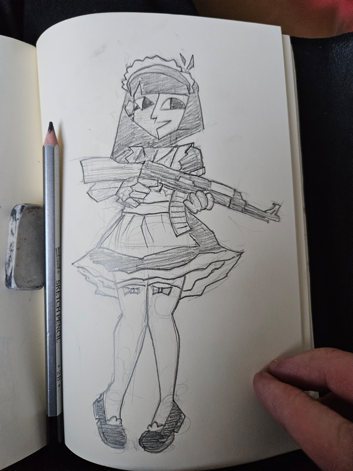 Sketch of ENA in a maid dress with an AK