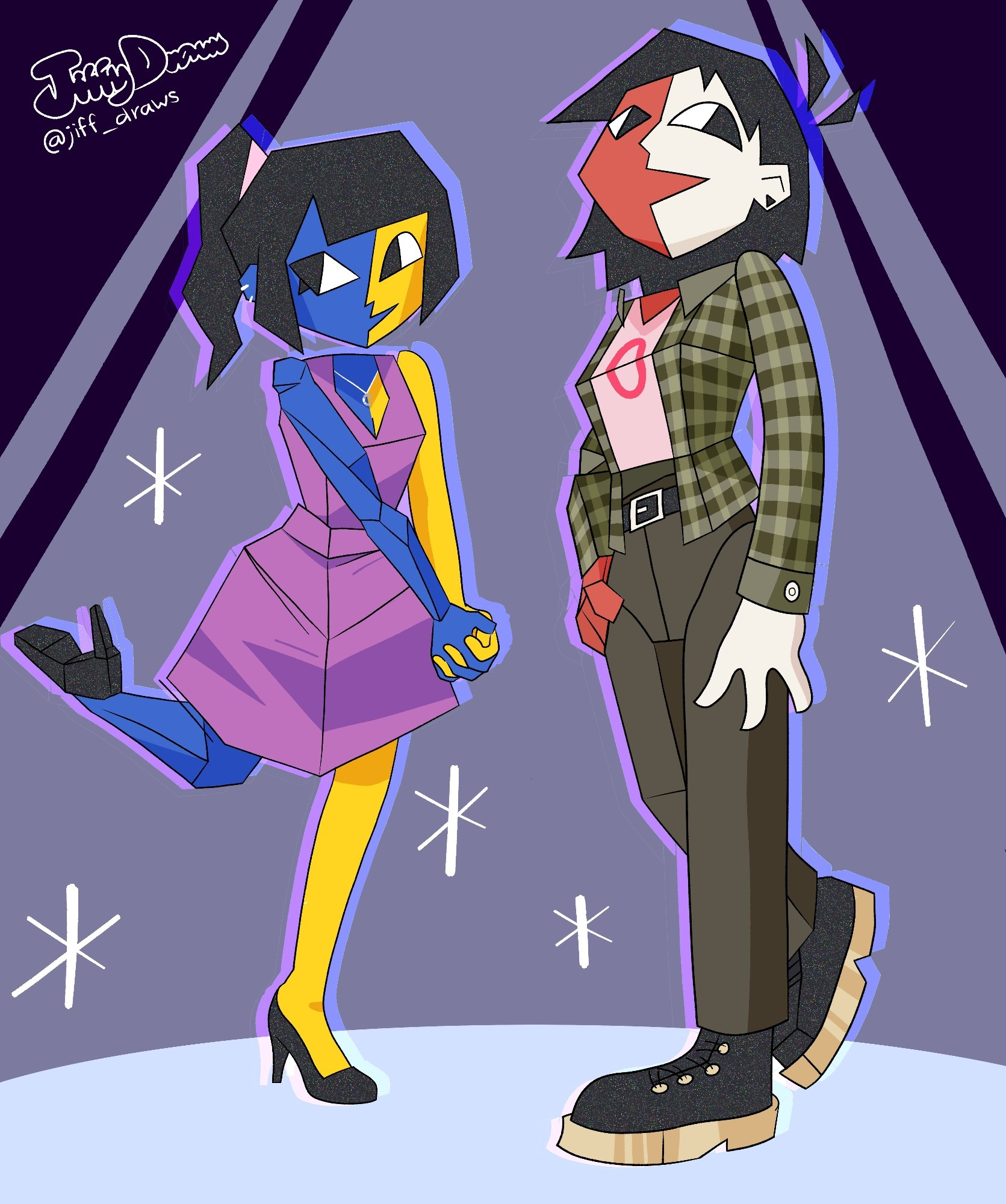 Femme ENA in a purple dress and heels and Butch ENA in a flannel, pants, and doc martens