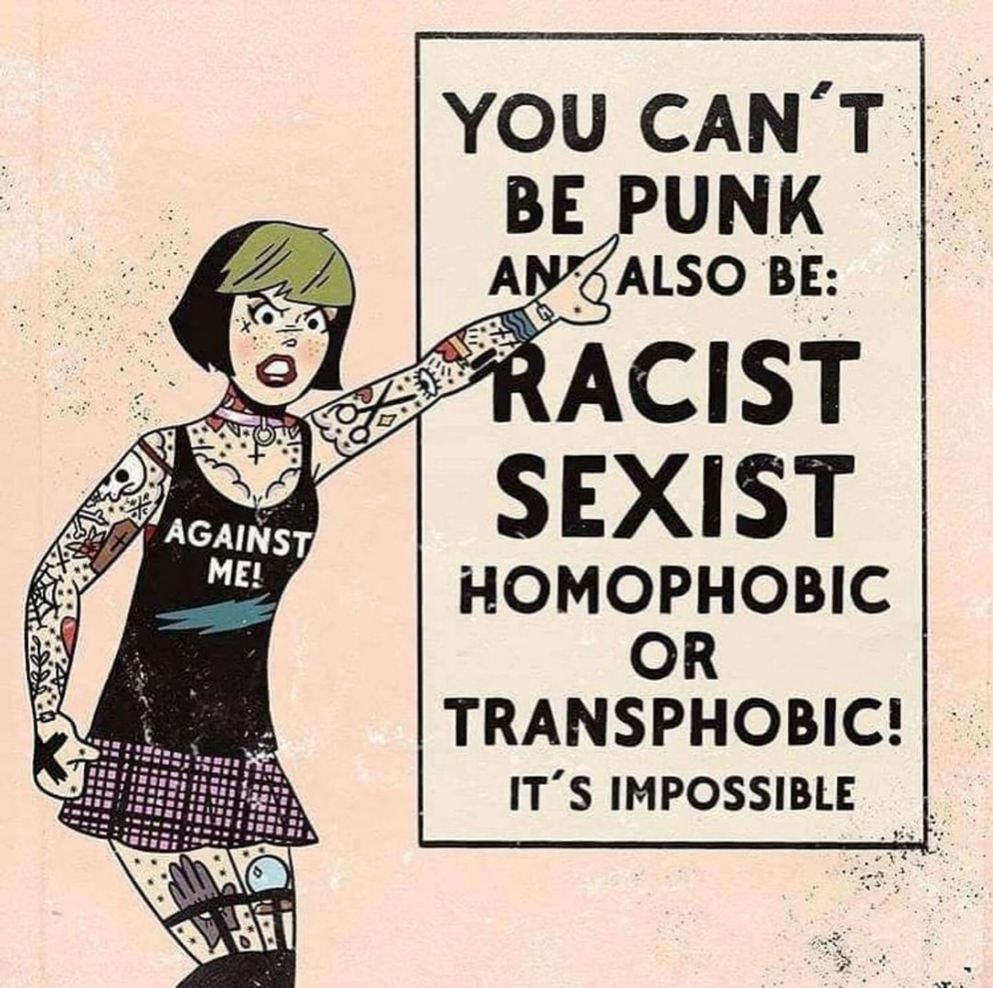 You cant be punk and also be:
Racist
Sexist
Homophobic
or Transphobic
It's impossible