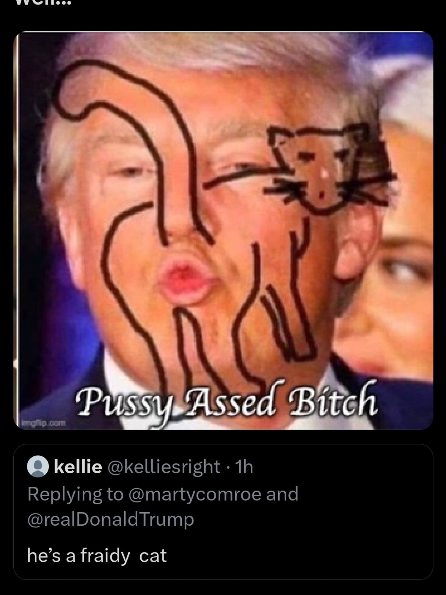 Photo of Cheezus with pursed lips and a black-marker drawing of a cat positioned on his face so that the lips are its anus.
Title:  Pussy Assed Bitch