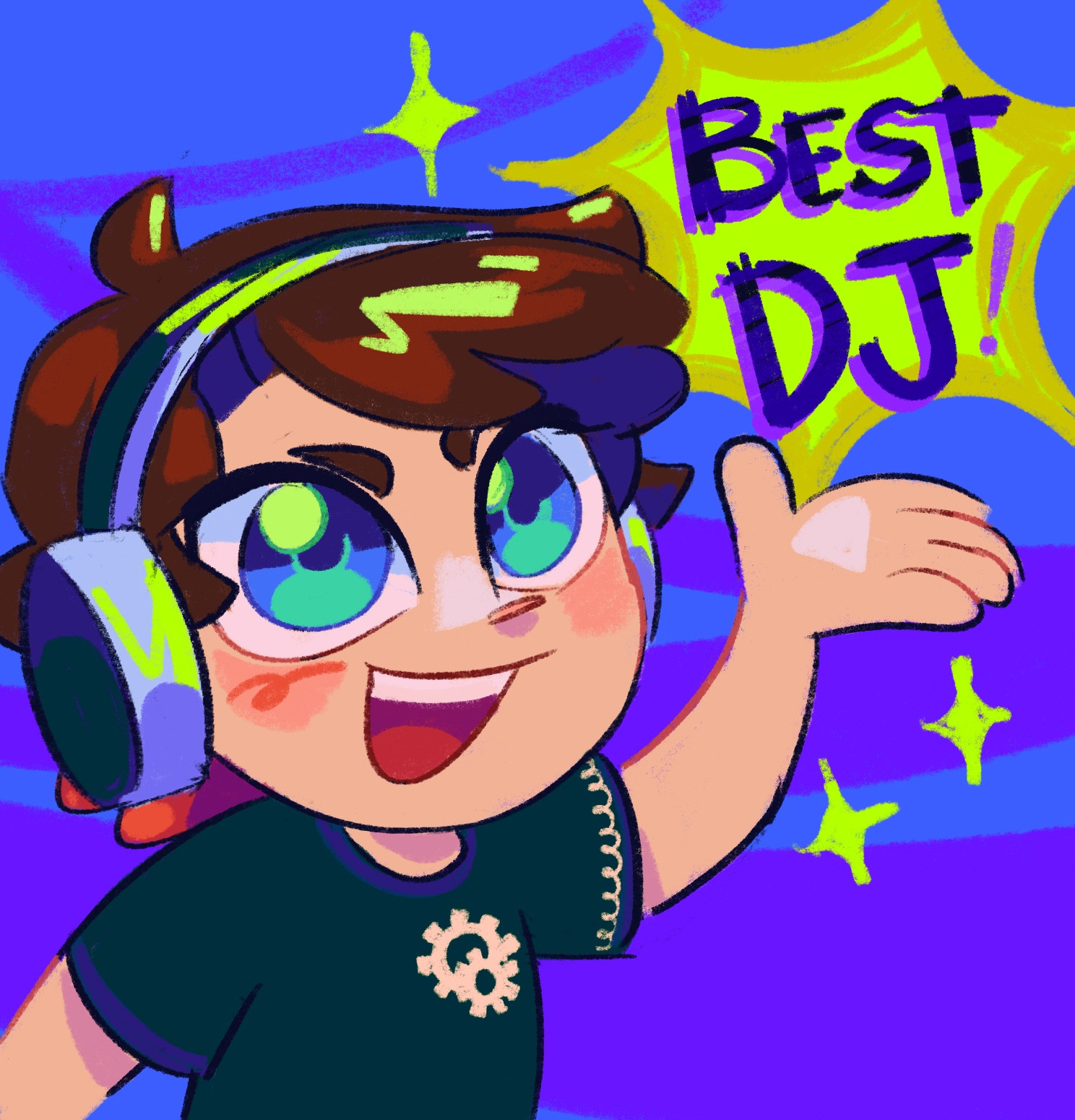 Desenho chibi do tubbo apontando para as palavras “Best DJ!”