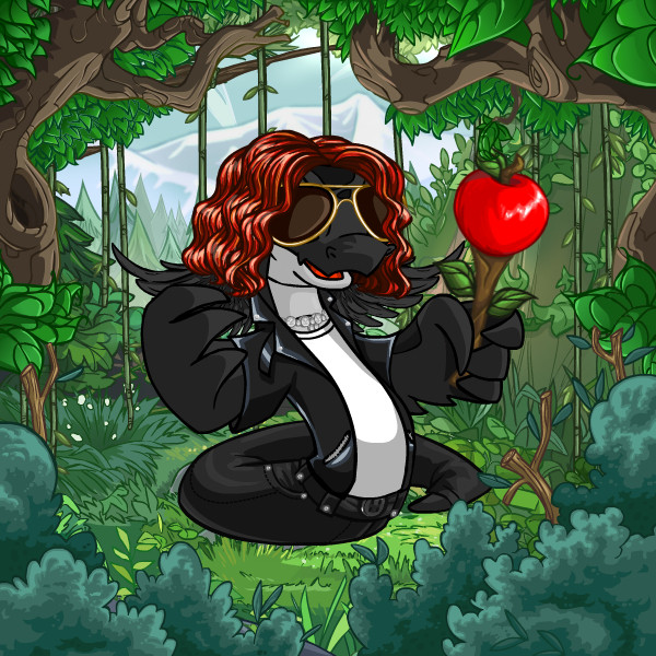 A black Neopets "Hissi", which looks like a snake. He has long red hair and black wings, and is wearing sunglasses, black jeans, black shirt and a chain-link necklace. He is holding an apple and appears to be in a jungle or forest. 