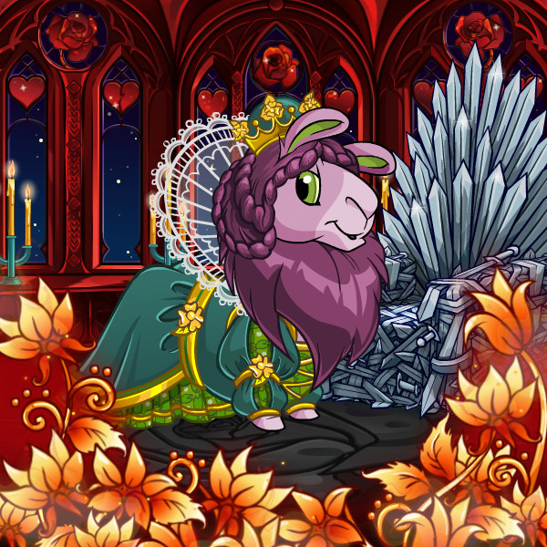 A royal neopets "Gnorbu", which looks like a llama. She is dressed in a green and gold royal robe and crown, and her long hair is partly braided, the braide pinned up on her head. She is standing in a dark stone castle room, in front of a throne made of swords. There are flaming roses in the foreground. 