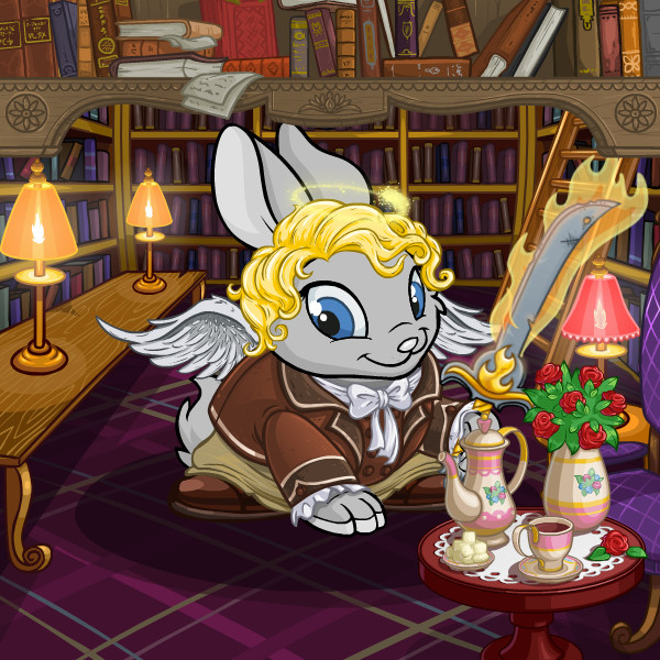 A silver Neopets "Cybunny", which looks like a rabbit. He is dressed in brown & beige dated formalwear. He has blonde hair, blue eyes, a halo and white wings. He is holding a flaming sword. There are several booksshelves behind him, and a comfy chair and a table with a tea set in front of him. 