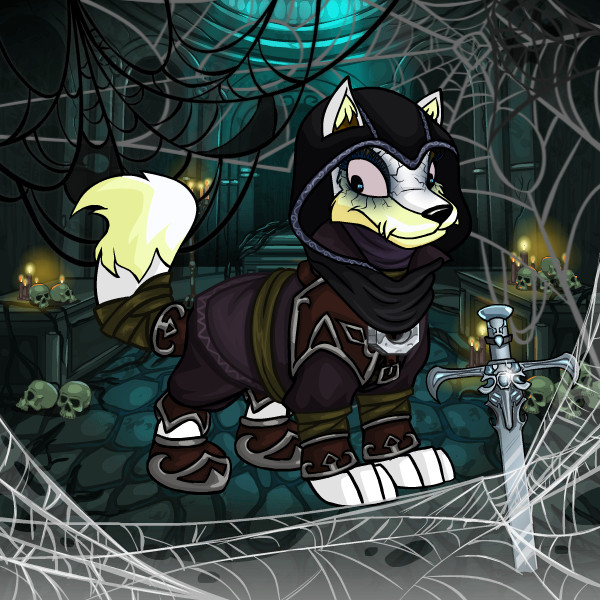 A white Neopets "Lupe", which looks like a wolf. He is dressed in black leathers and a hood, and is wearing a pendant. There are black lines around his eyes. He is standing in a crypt where several skulls and spiderwebs are visible. There's a sword in front of him. 