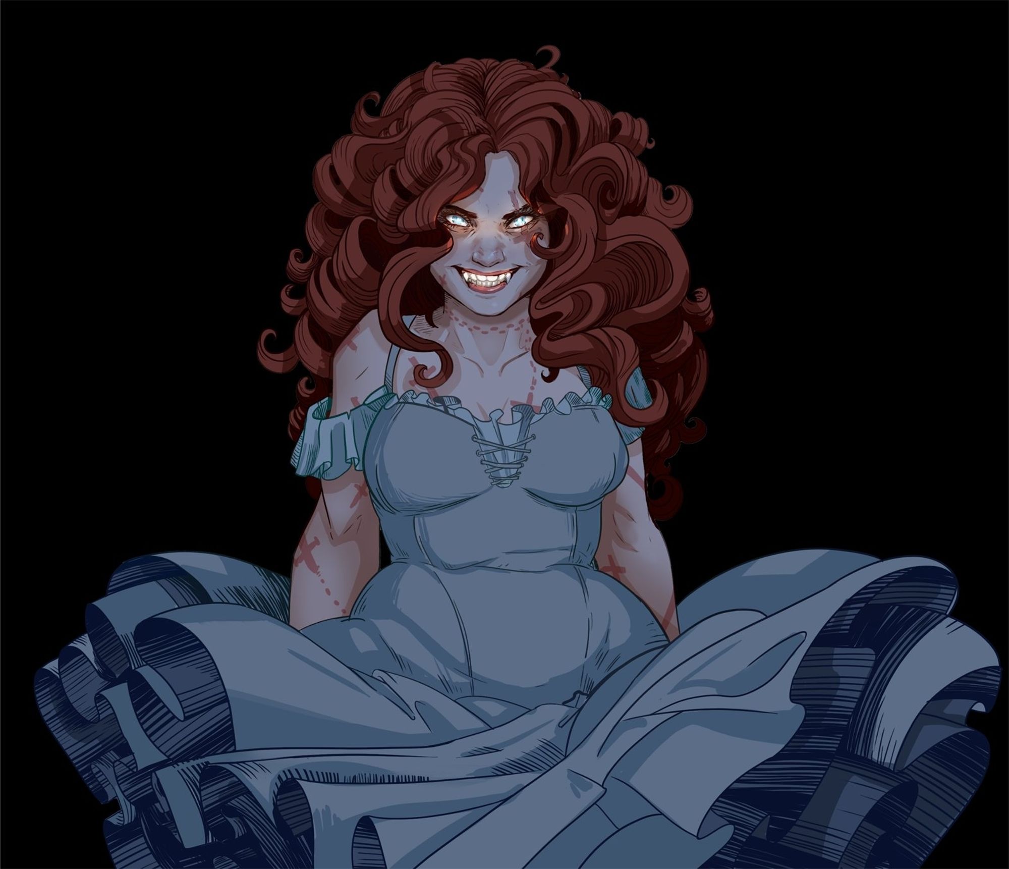 A red haired vampire woman in a blue dress smiling dangerously