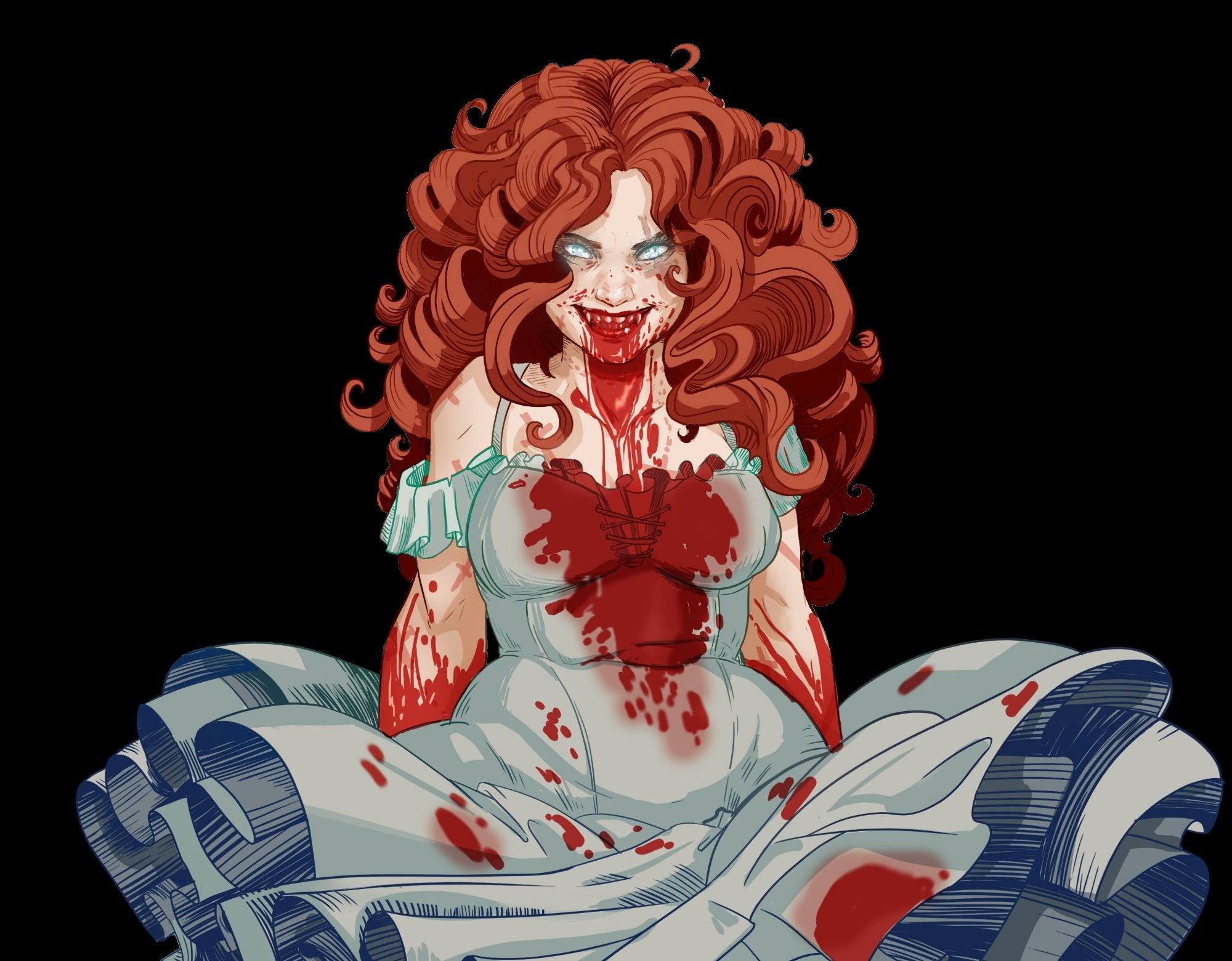 A red haired vampire woman in a pale dress smiling dangerously  she is covered in blood