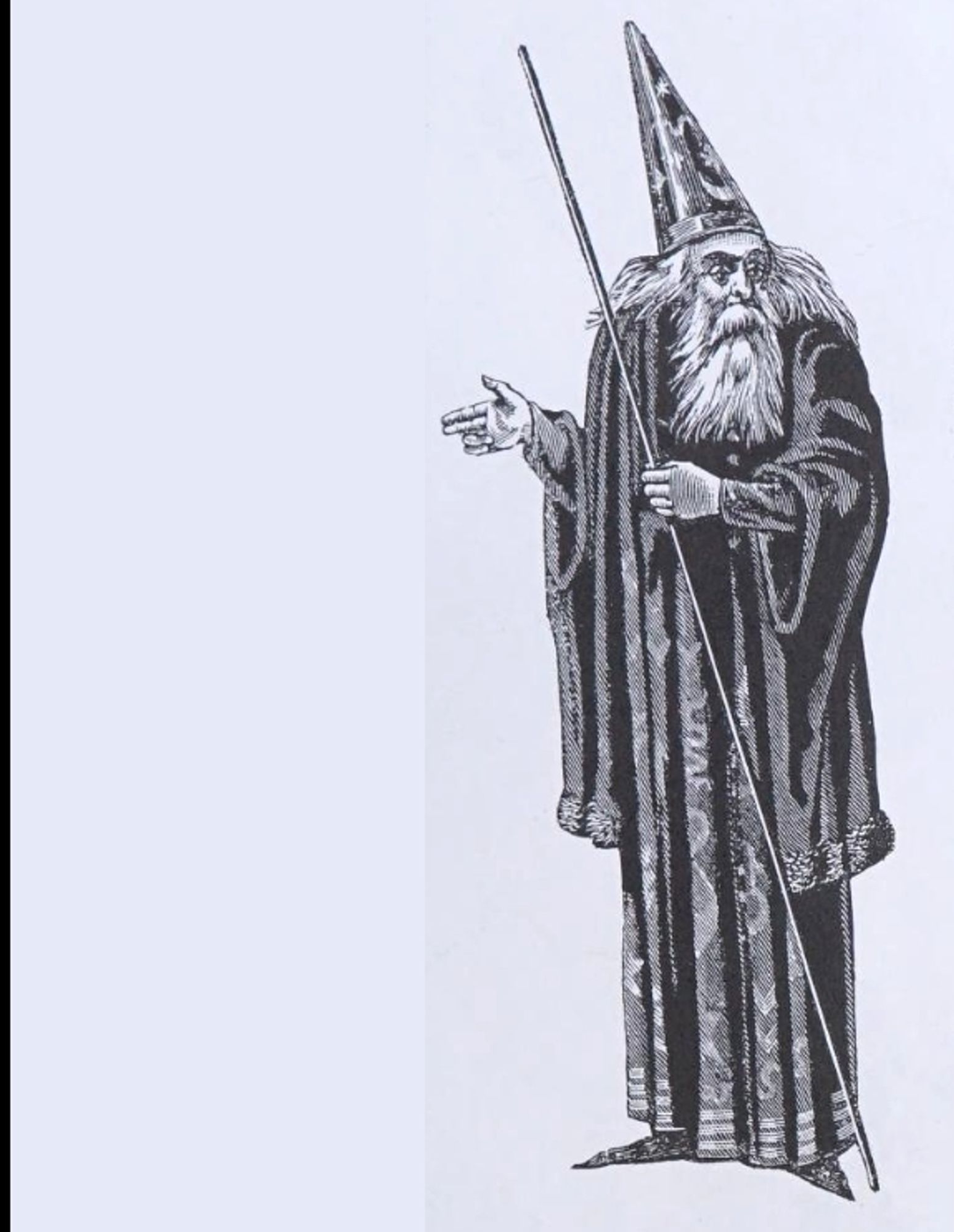 An illustration of a wizard with a pointed hat with stars he looks perplexed and is shrugging and pointing at nothing