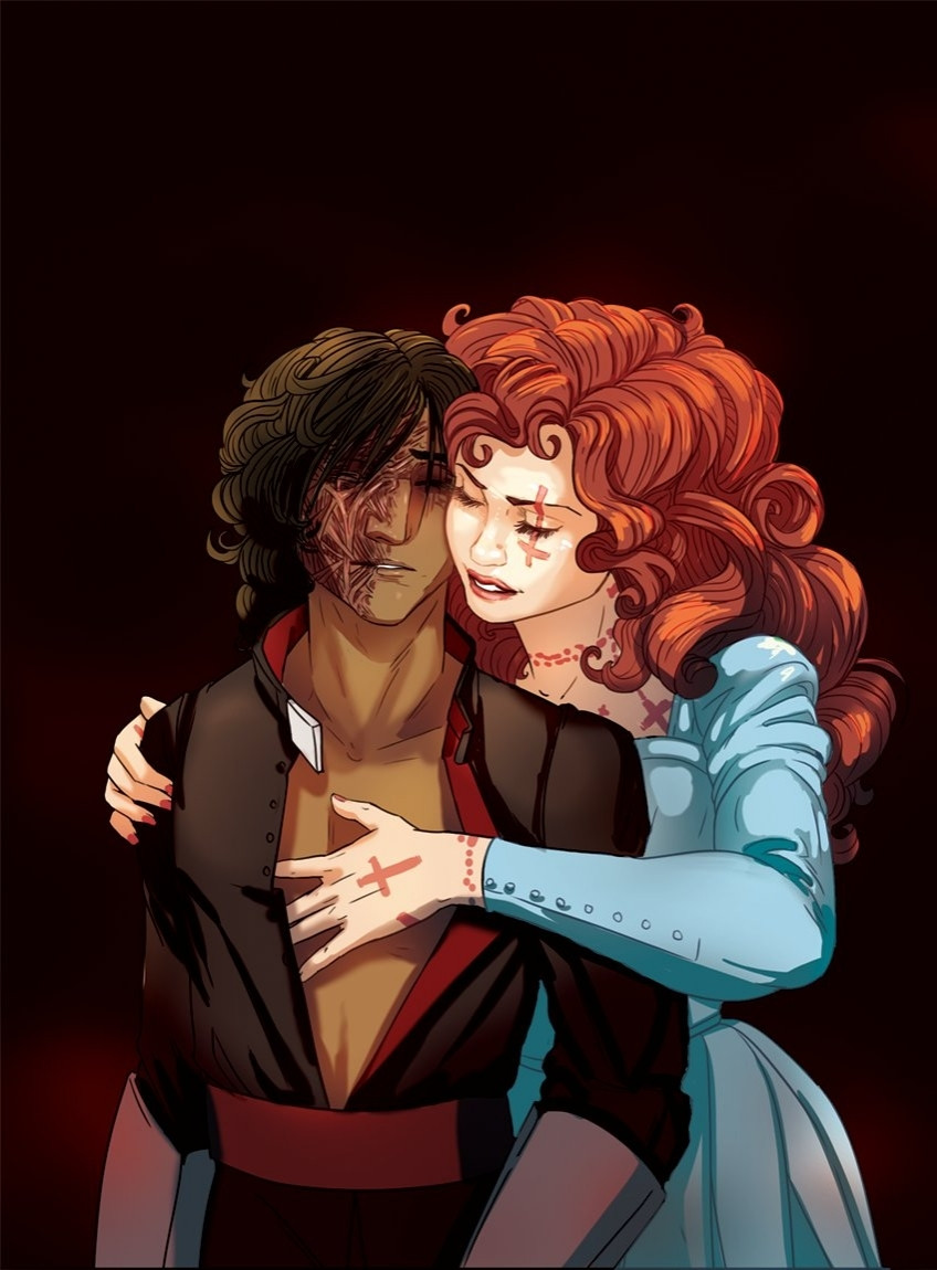 Mercy the vampire with red curly hair embracing the human priest Gabriel who is swooning