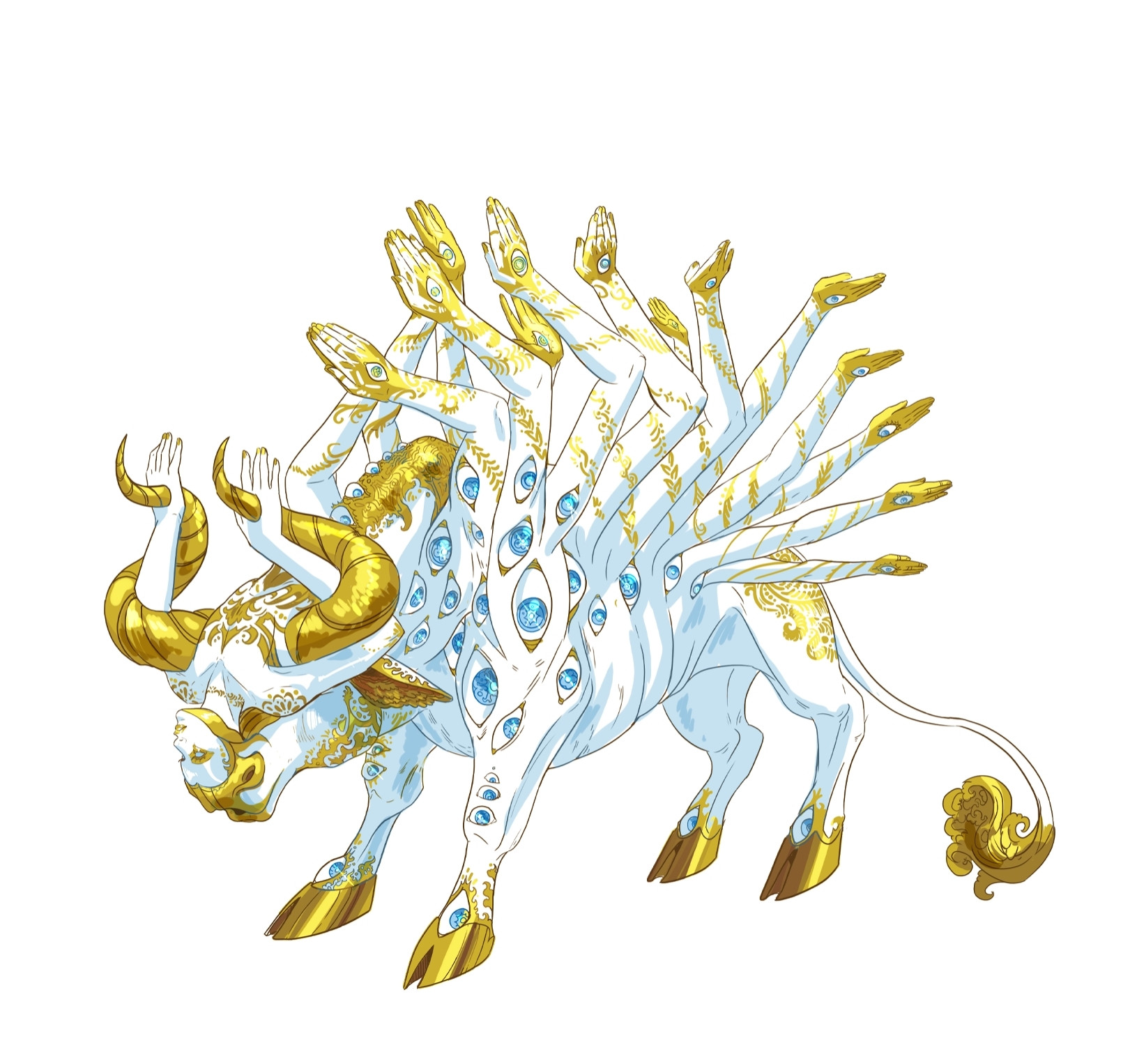 A bull shaped angelic being with an inverted human torso for a face and arms as wings it is covered in blue eyes and gold filigree accents