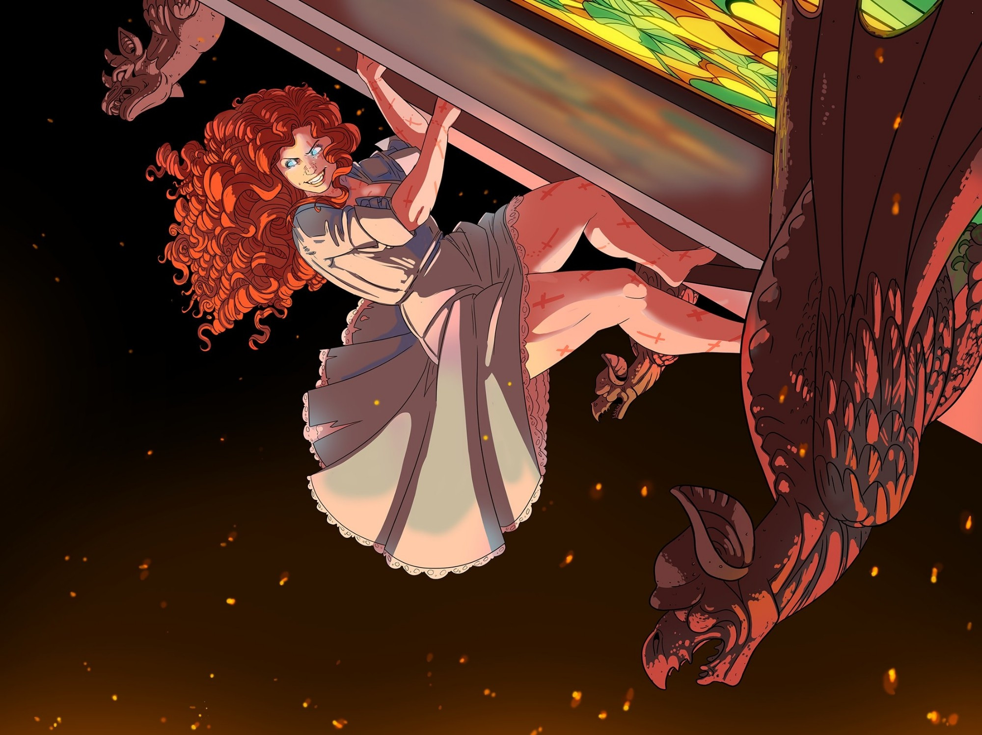 A red haired vampire woman scaling a wall covered in gargoyles with a large stained glass window