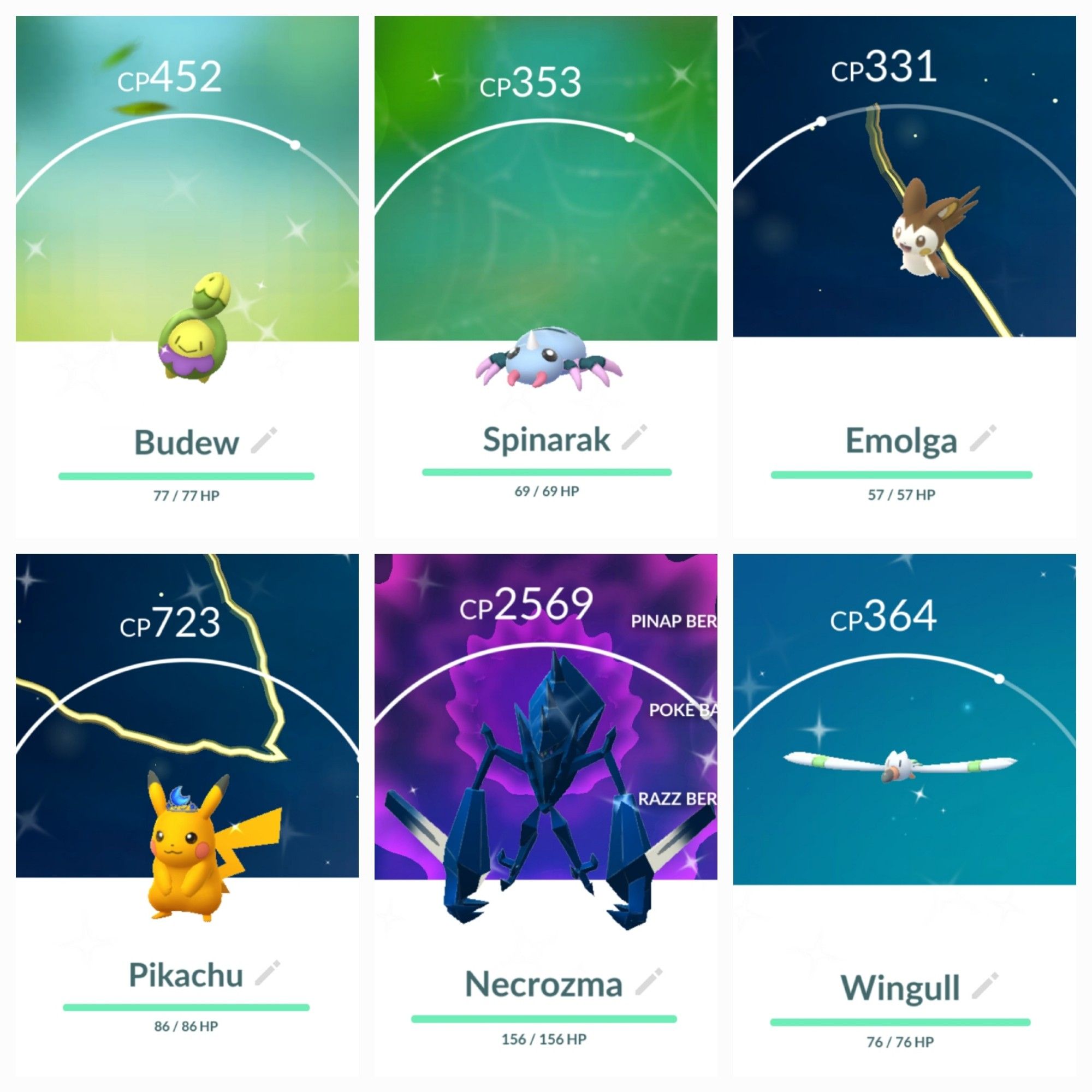 A collage of 6 shiny pokemon caught during the Pokémon GO fest in order that they were obtained: Budew, Spinarak, Emolga, Pikachu with a lunar crown, Necrozma, and Wingull.