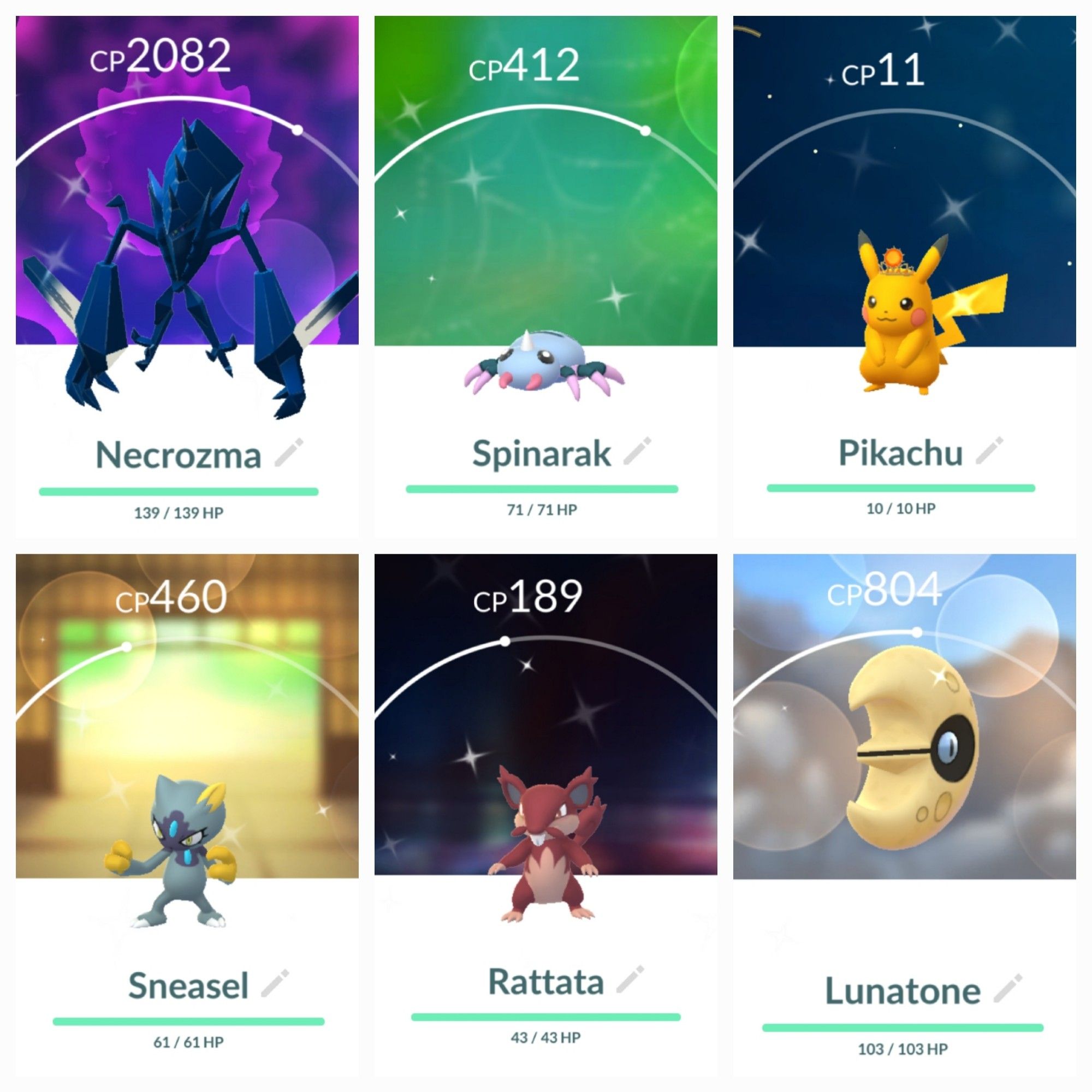 A collage of 6 shiny pokemon caught during the Pokémon GO fest in order that they were obtained: Necrozma, Spinarak, Pikachu with a sun crown, Sneasel (Hisuian form), Rattata (Alolan form), and Lunatone.