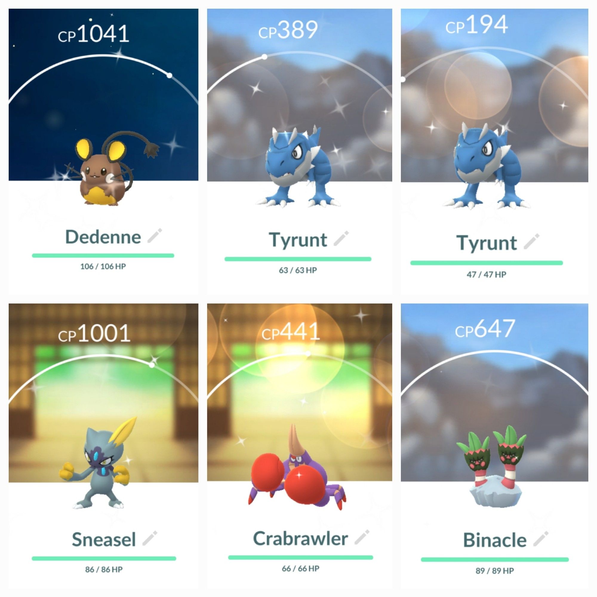 A collage of 6 shiny pokemon caught during the Pokémon GO fest in order that they were obtained: Dedenne, Tyrunt, another Tyrunt, Sneasel (Hisuian form), Crabrawler, and Binacle.