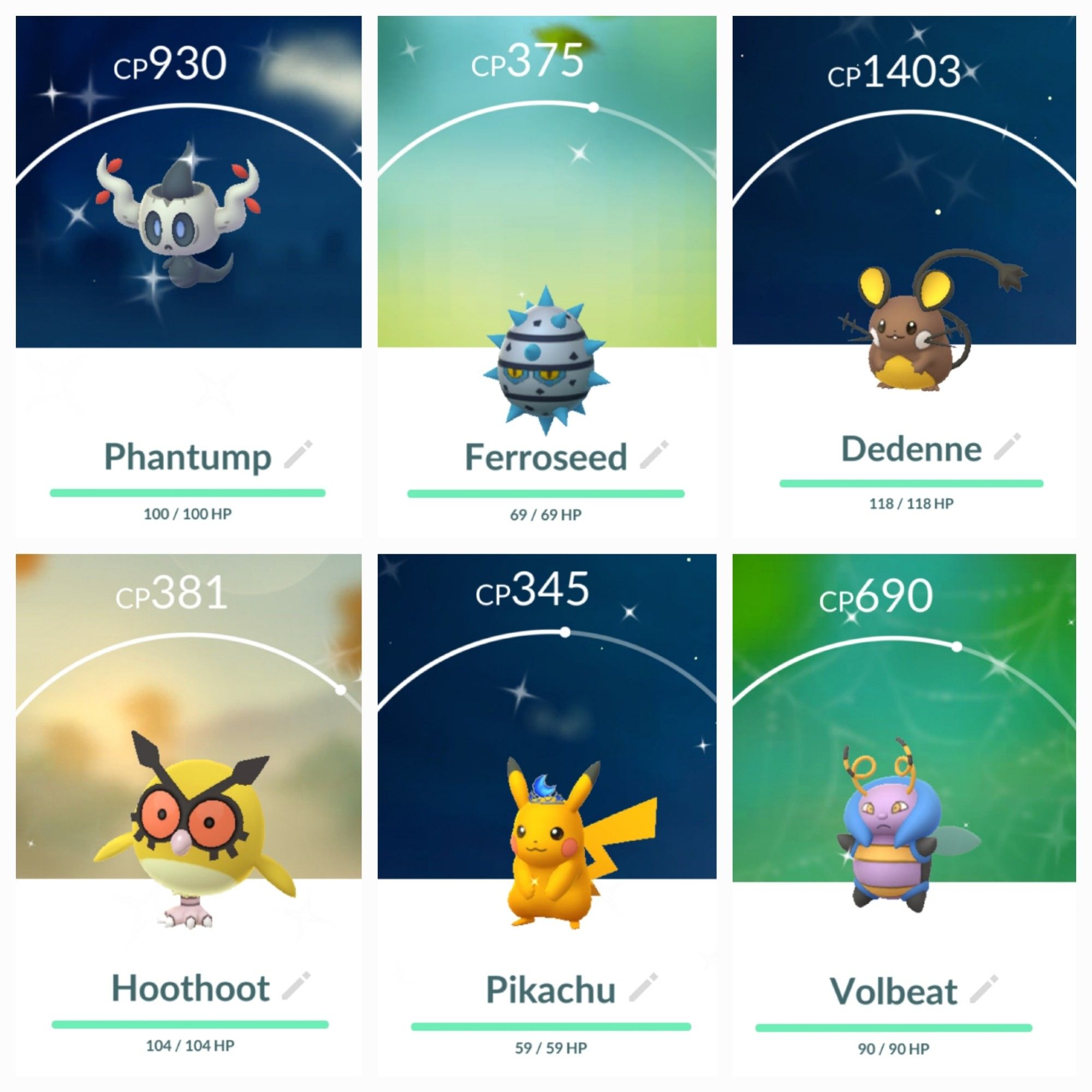 A collage of 6 shiny pokemon caught during the Pokémon GO fest in order that they were obtained: Phantump, Ferroseed, Dedenne, Hoothoot, Pikachu with a lunar crown, and Volbeat.