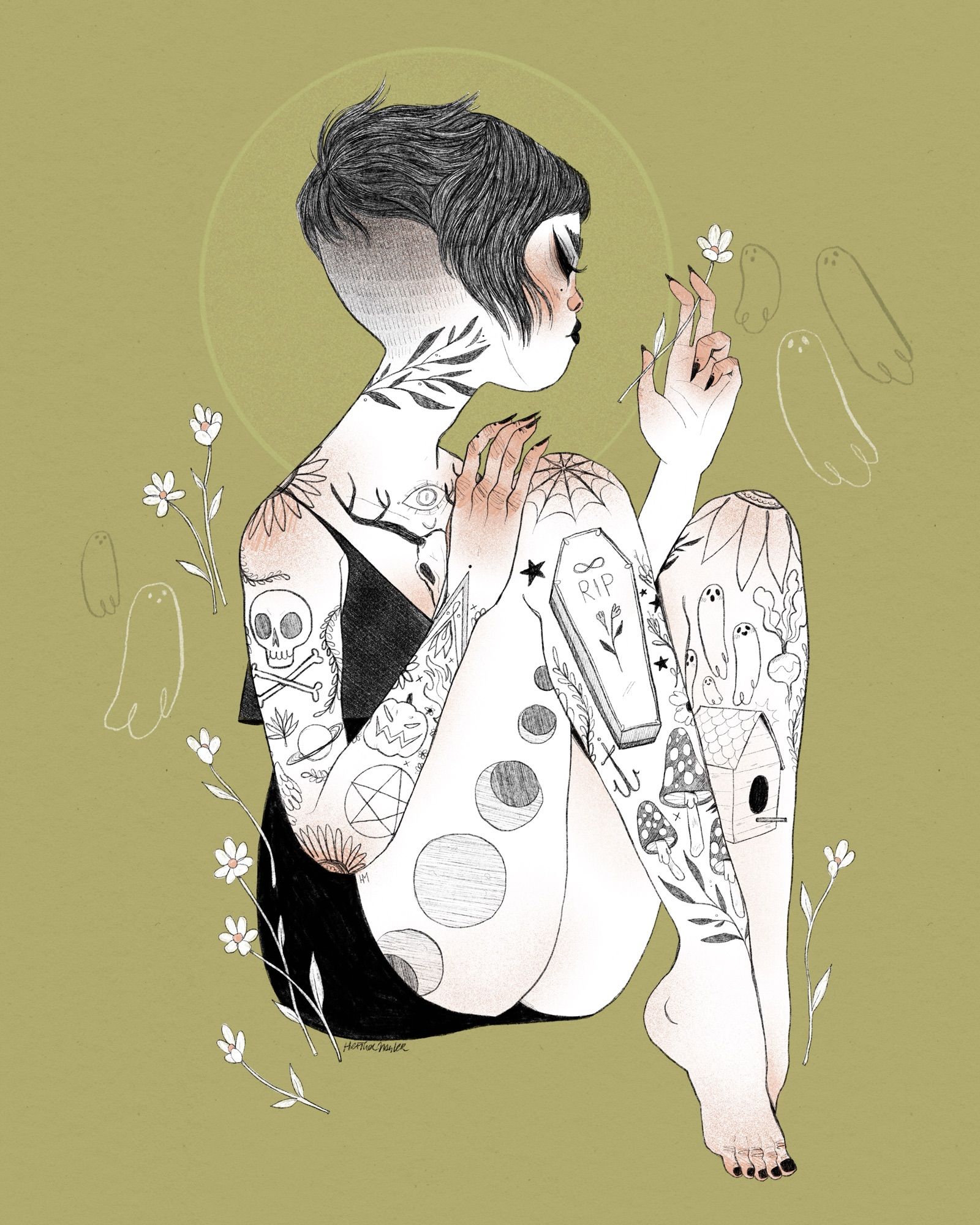 Illustration of a tattooed woman sitting around little white flowers and ghosts