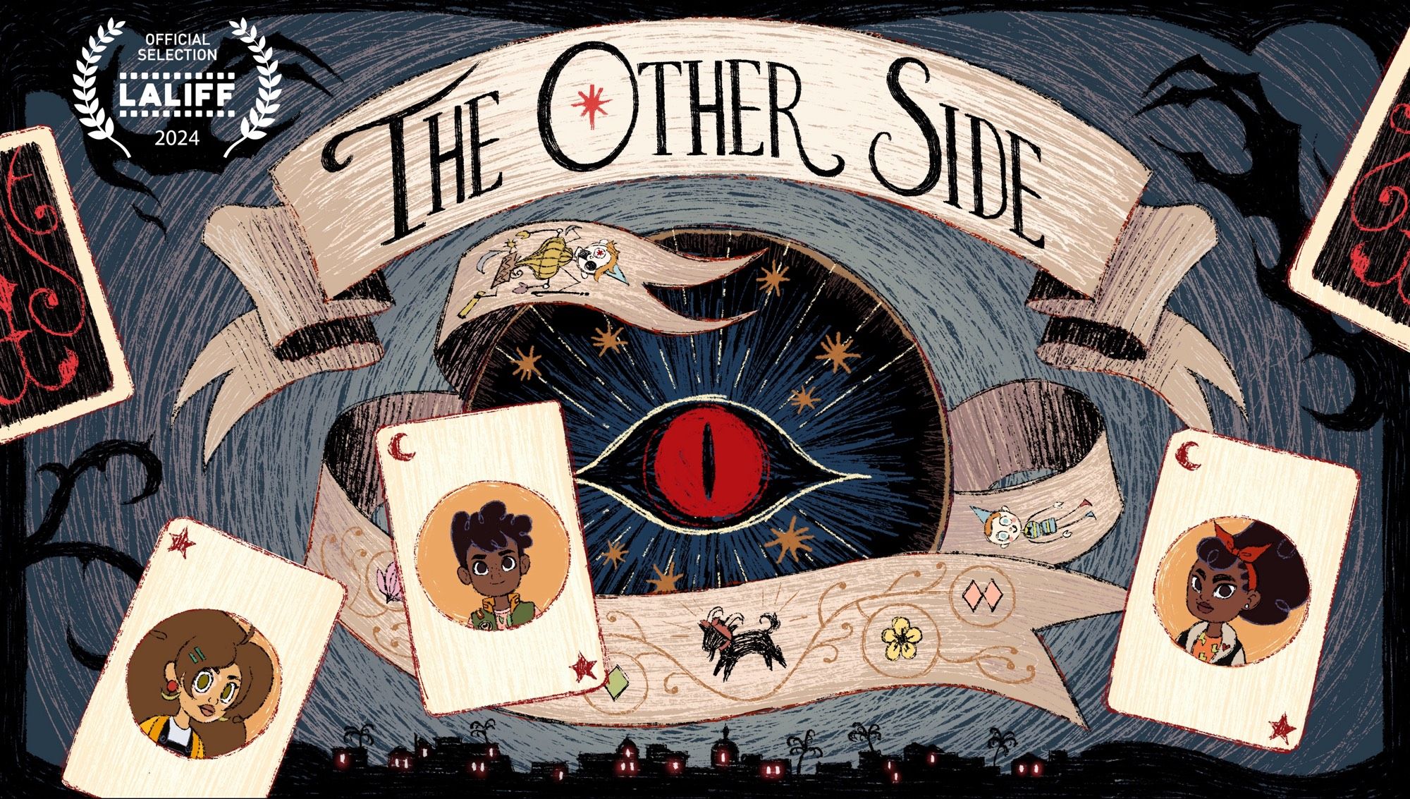 Title card of the animated short the other side by Niki Lopez, title card by Jocelyn Liang, character design by Heather Mahler