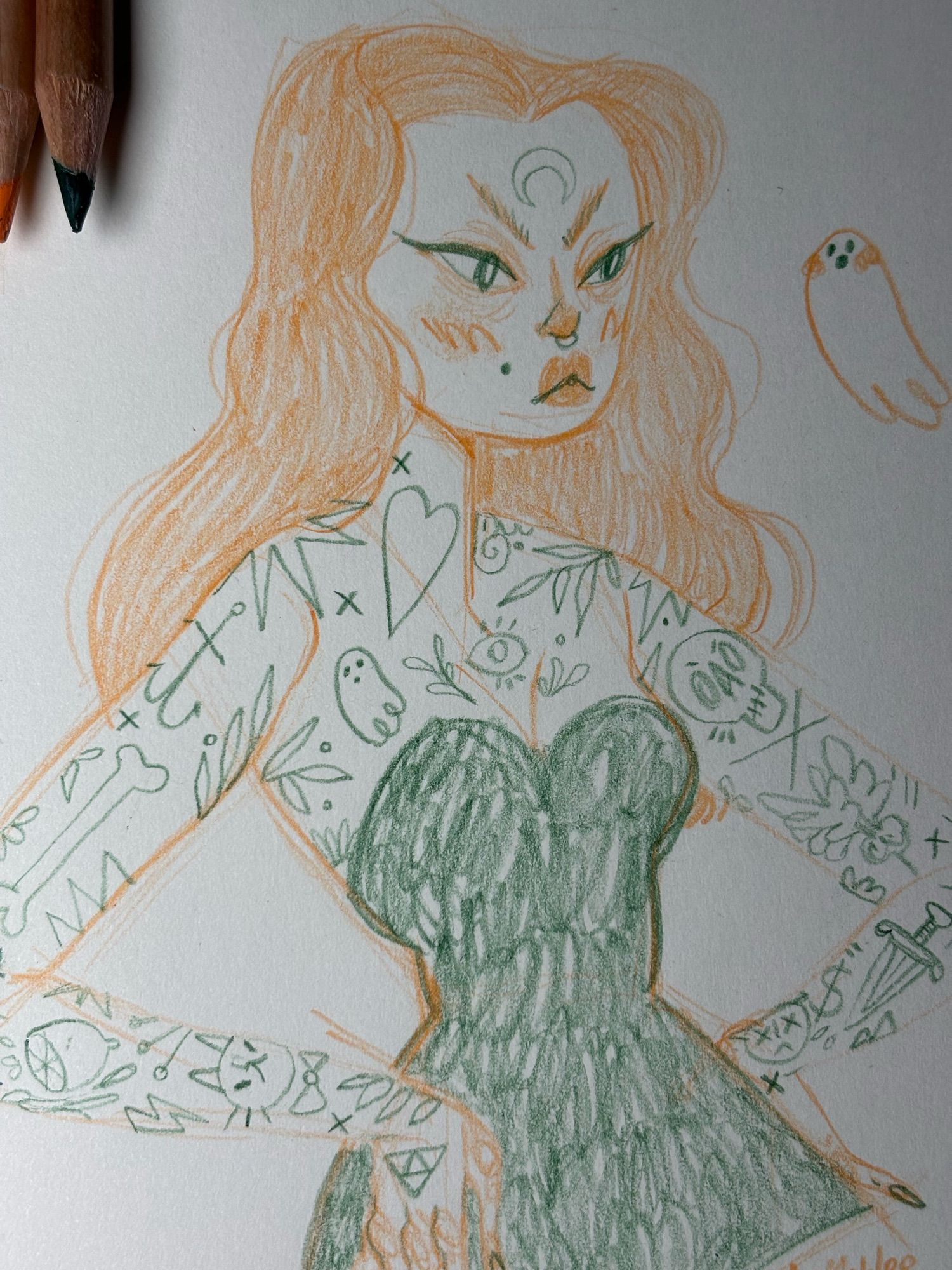 Sketch of a long hair tattooed woman in orange and green color pencil.