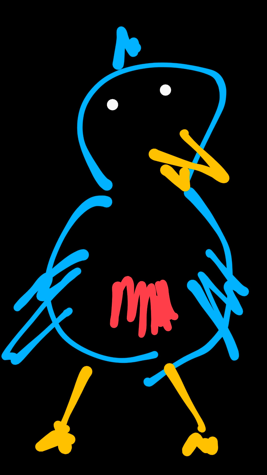 Sketch of a blue bird on a black background with a red chest and white dots for eyes