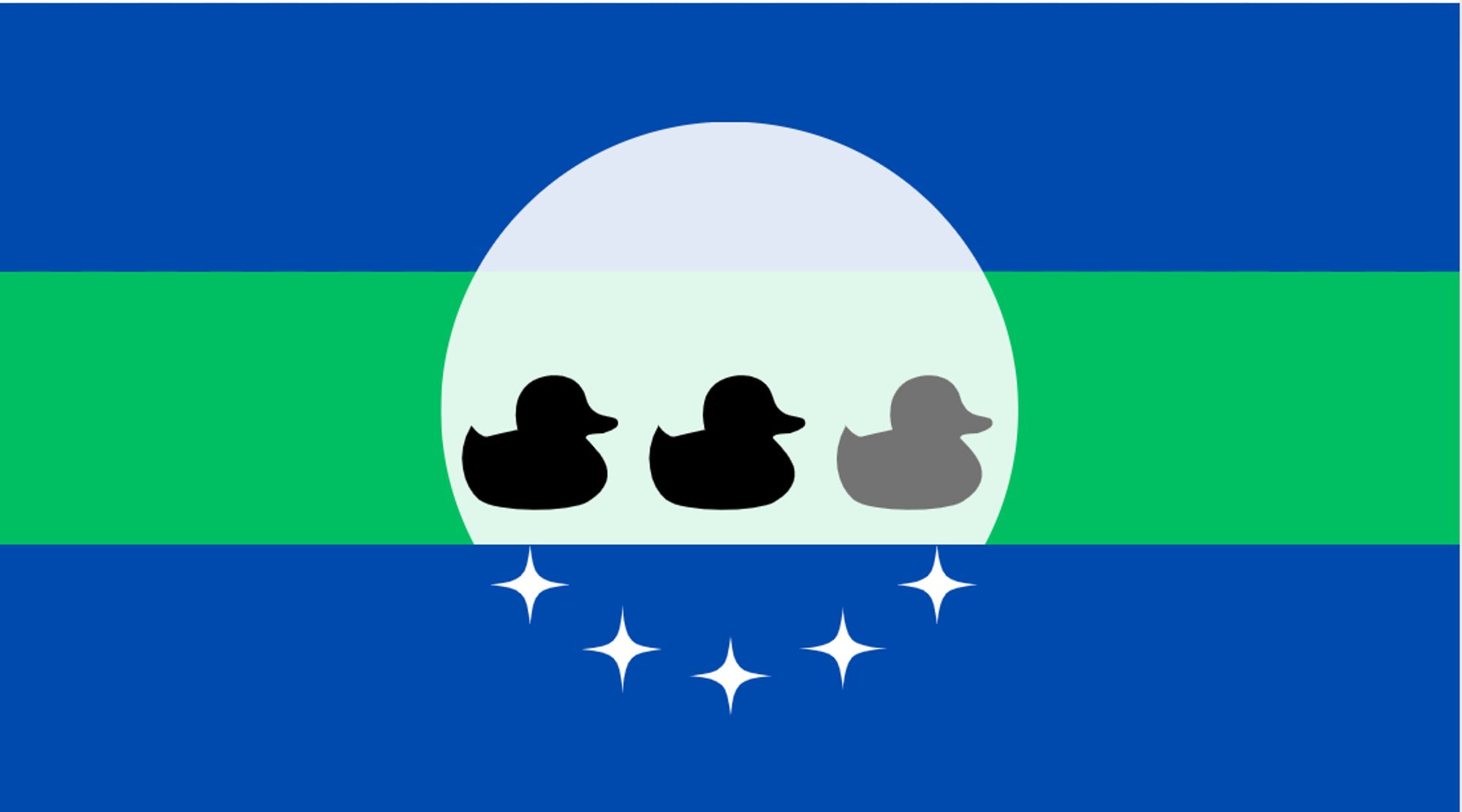 A proposed Minnesota flag featuring green and blue stripes, stars, and duck, duck, gray duck