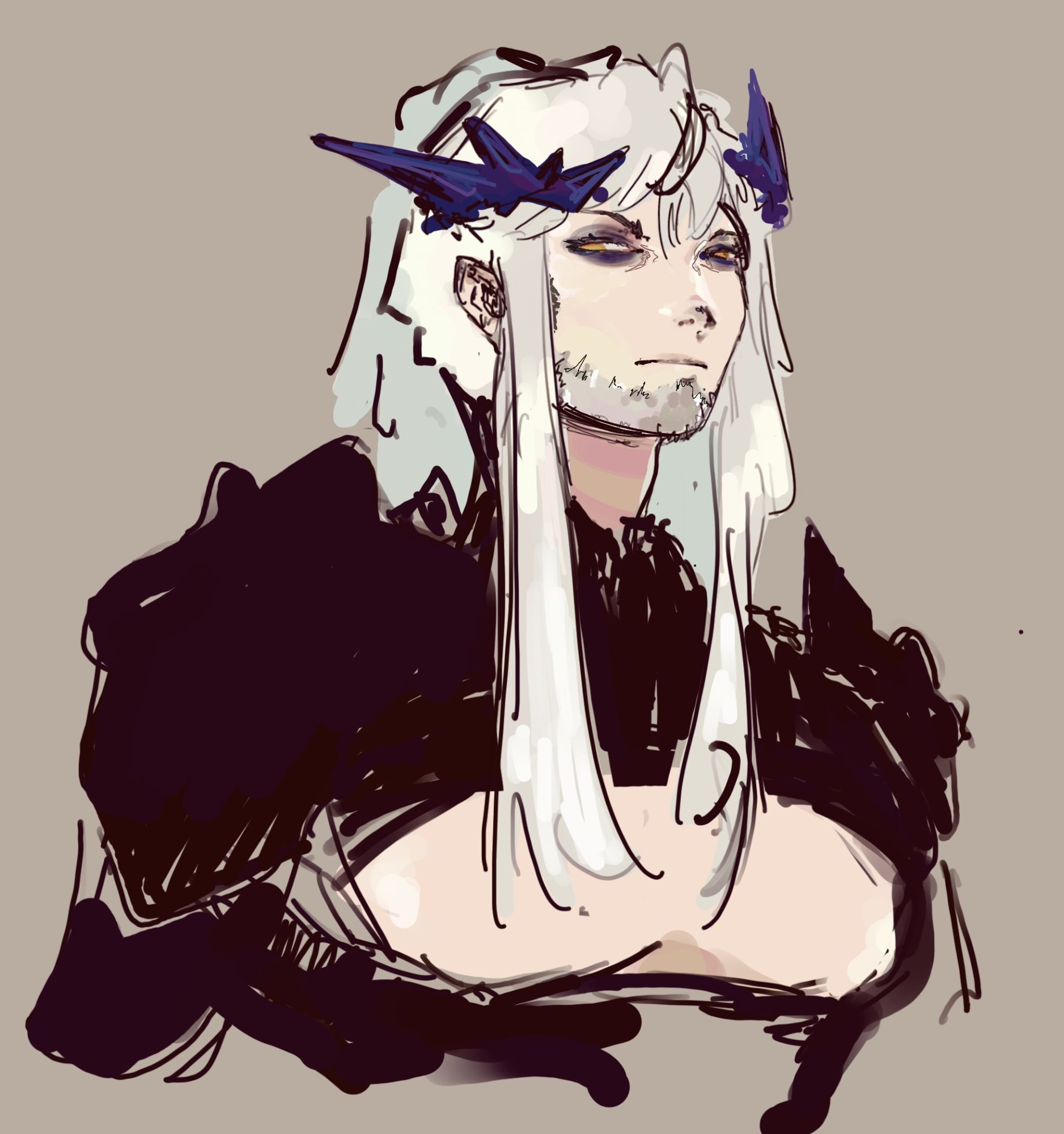 A theoretical sketch of Fate Prototype's Arthur Pendragon in an older, altered state, with shoulder-length white hair, yellow eyes, sickly pale skin and deep circles around his eyes, wearing a crown resembling dragon horns & black plate armor with spiked pauldrons and a gap where the breastplate would be