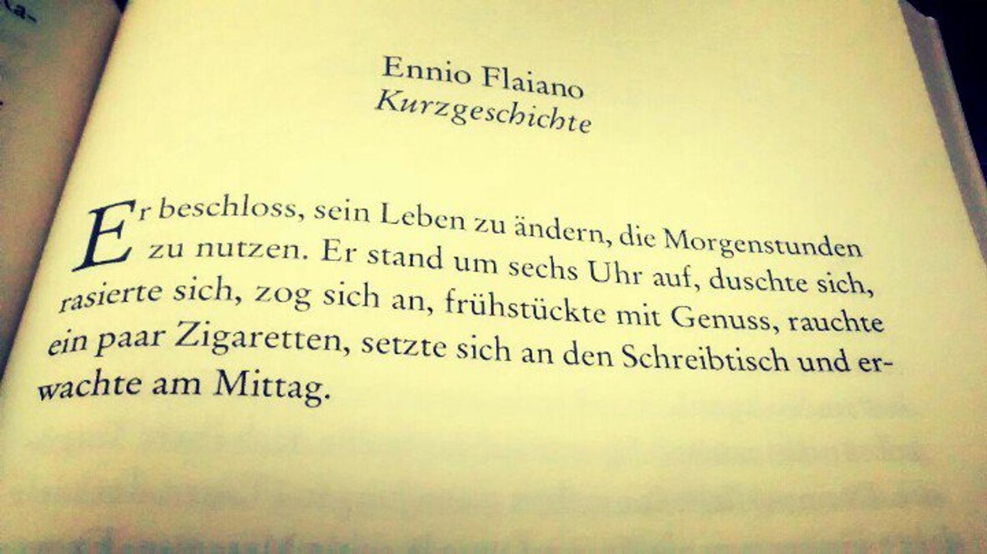 Text: 
Ennio Flaiano "Kurzgeschichte" 
Er beschloss, sein Leben zu ändern, die Morgenstunden zu nutzen. Er stand um sechs Uhr auf, duschte sich, raiserte sich, zog sich an, frühstückte mit Genuss, rauchte ein paar Zigarettn, setzte sich an den Schreibtisch und erwachte am Mittag.